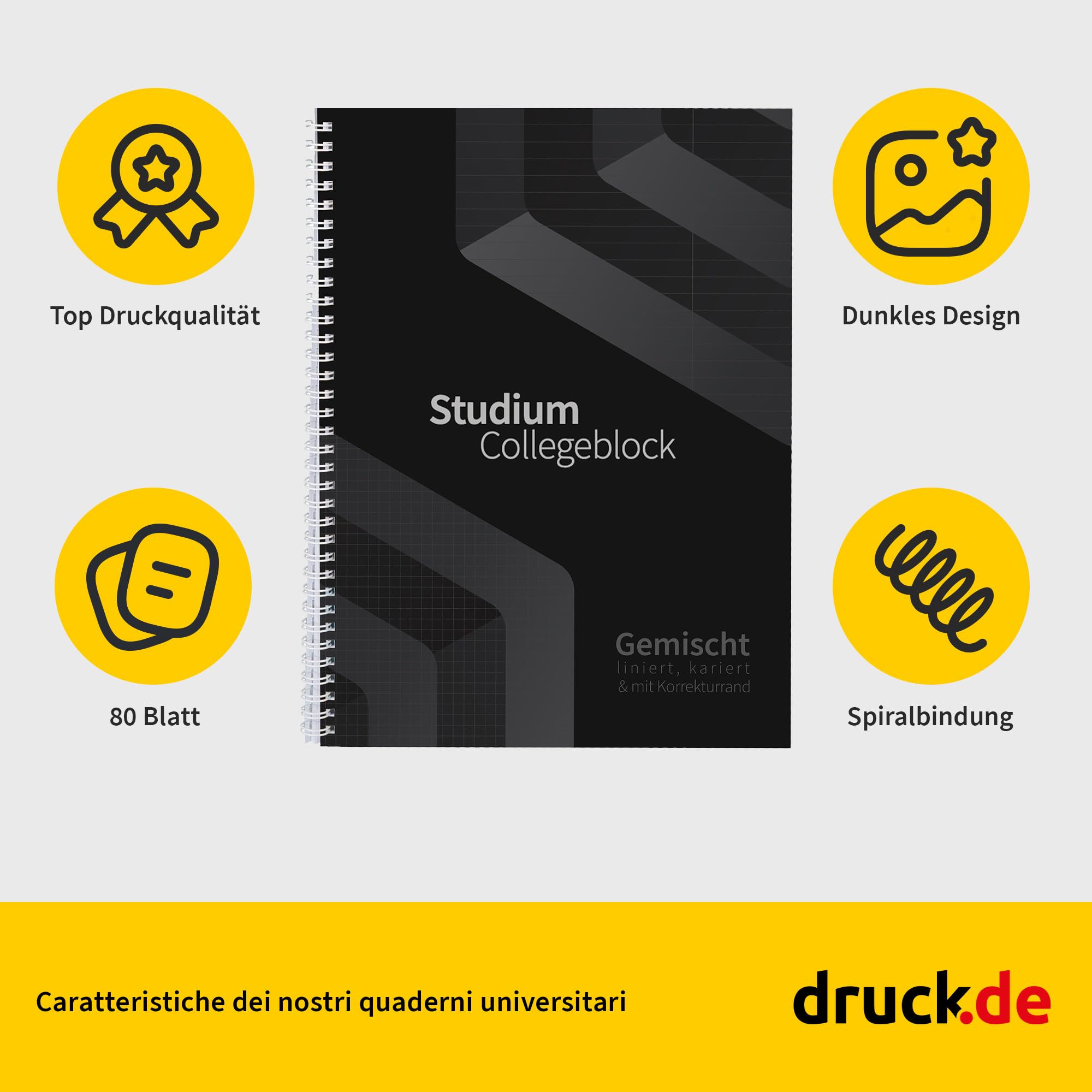 Duo - Blocco universitario misto, 20 pezzi, formato DIN A4, 40/40, a quadretti, 80 g, carta volumizzante, forata e perforata, rilegatura a spirale bianca, con bordo di correzione, blocco note (20