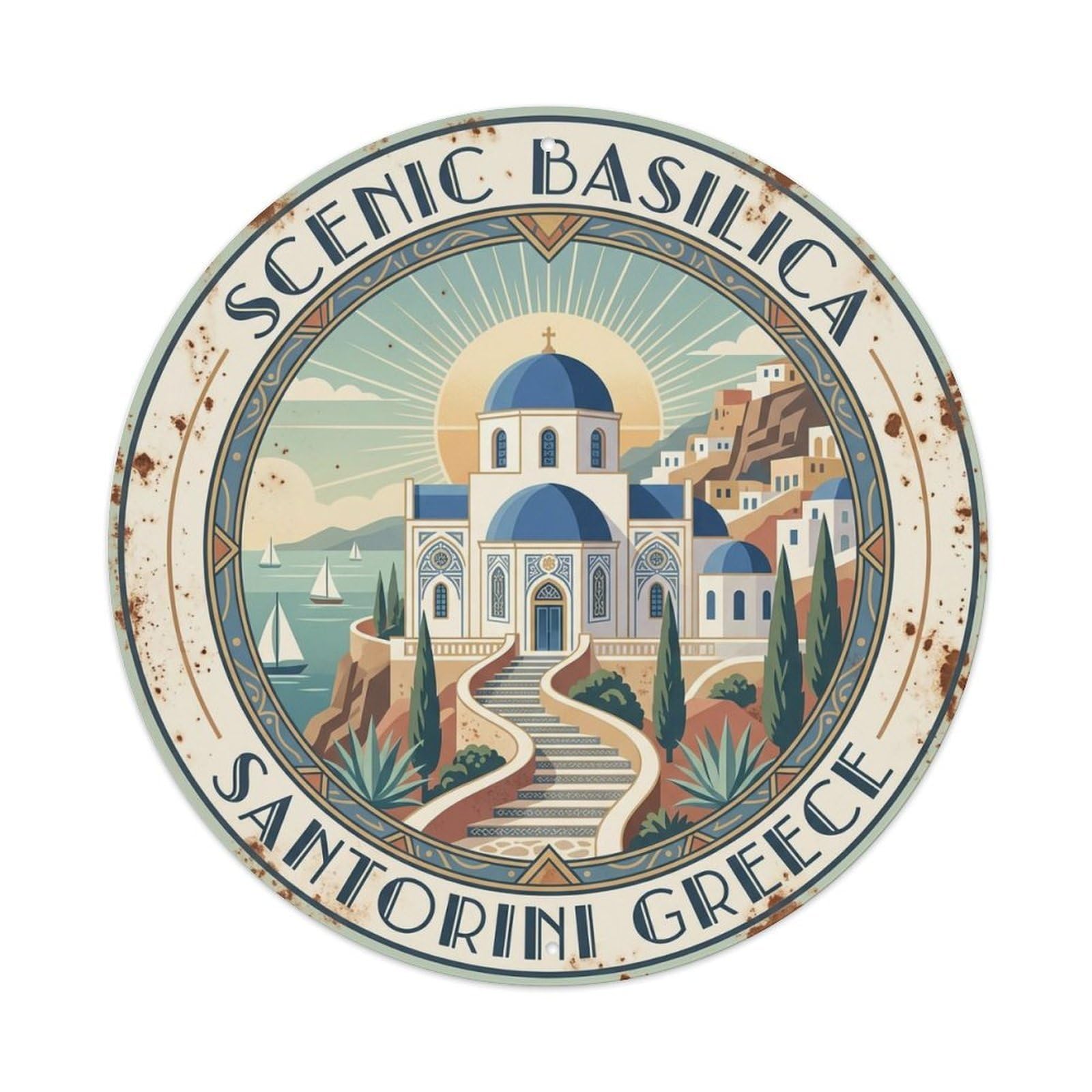 Vintage Travel Basilica Santorini Scenic 3 Metal Tin Sign