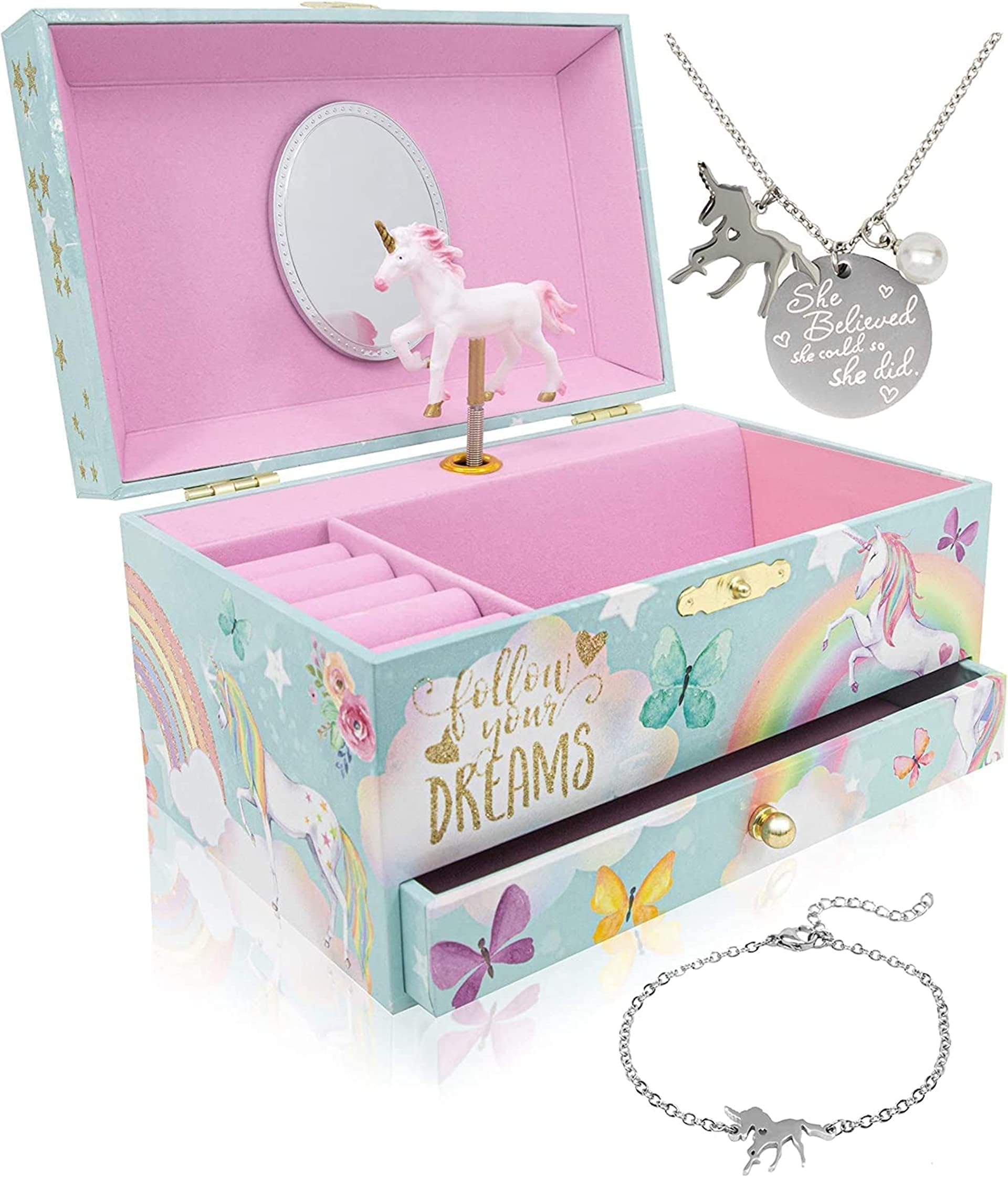 The Memory Building Co Unicorn Musical Jewelry Box Plays Classic Melody, Storage Organizer Music Box for Kids Ages 6-12, MDF Wood w/ 2 Fabric Lined Ring Bracelet Necklace Treasure Compartments