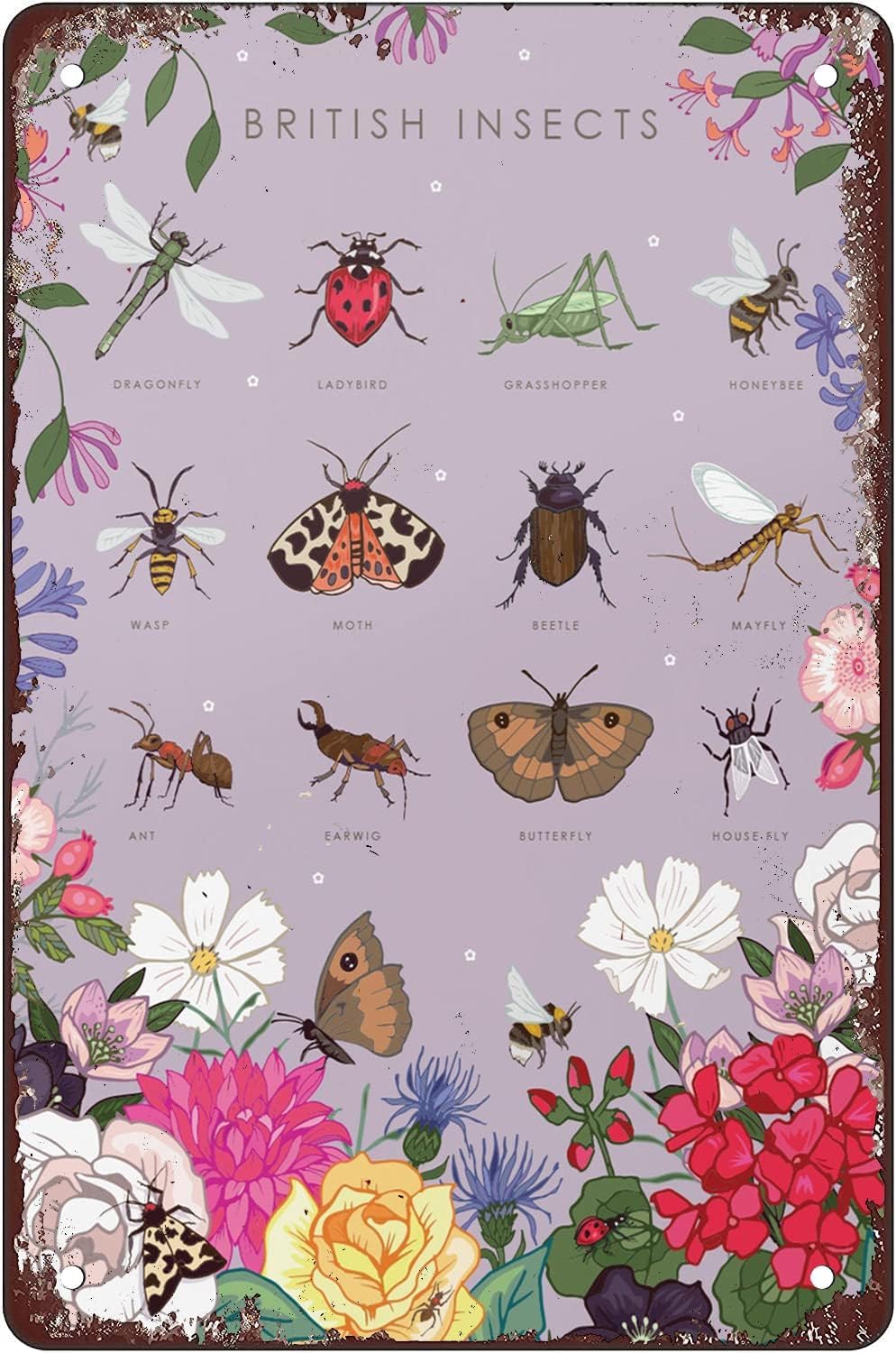 Kisoyo British Insects Butterflies And Wildflowers Tin Sign Vintage Cave Bar Home Wall Decor For Garden Kitchen Garage Bathroom Decor Coffee Bar Home Decor Butterfly Retro Poster Plaque Tin Signs 8X12 Inch