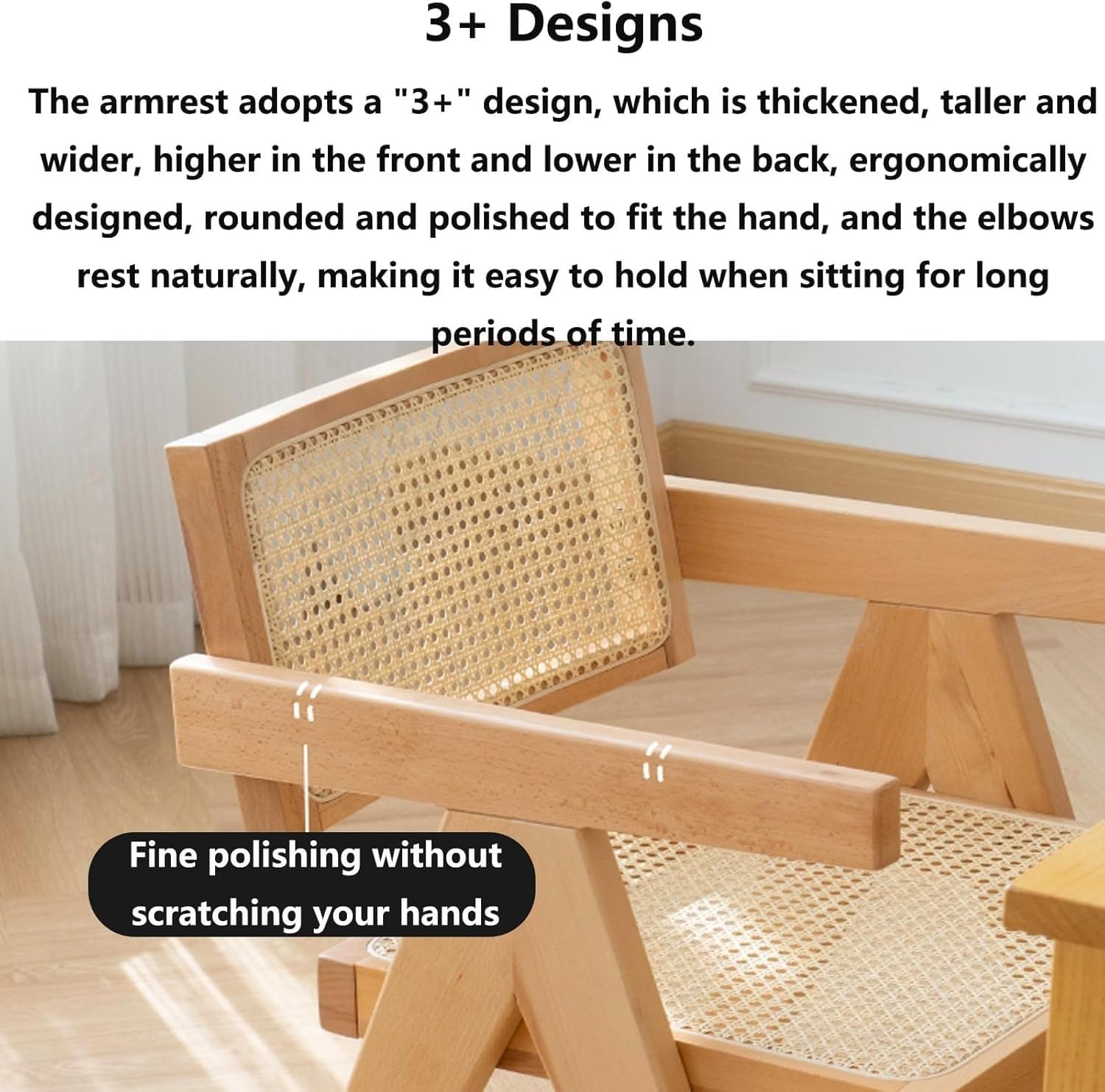 木製アームレストと背もたれを備えた籐製読書用アームチェア。寝室