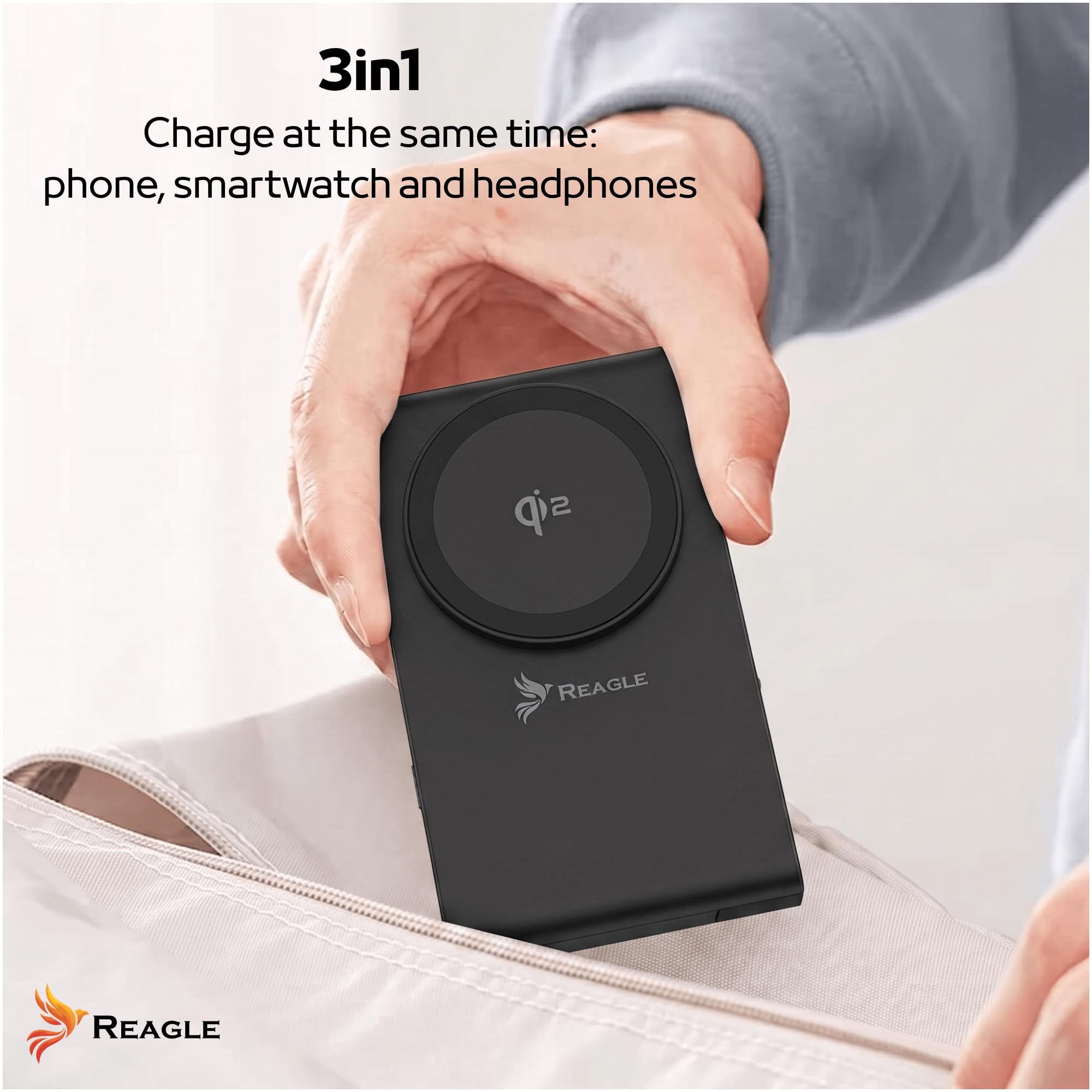 Reagle Stazione di Ricarica Wireless Qi2 3 in 1 15W, Caricatore Magnetico Pieghevole, Compatibile con iPhone 17/16/15/14/13/12, Apple Watch, AirPods, Samsung Galaxy e Pixel, Nero