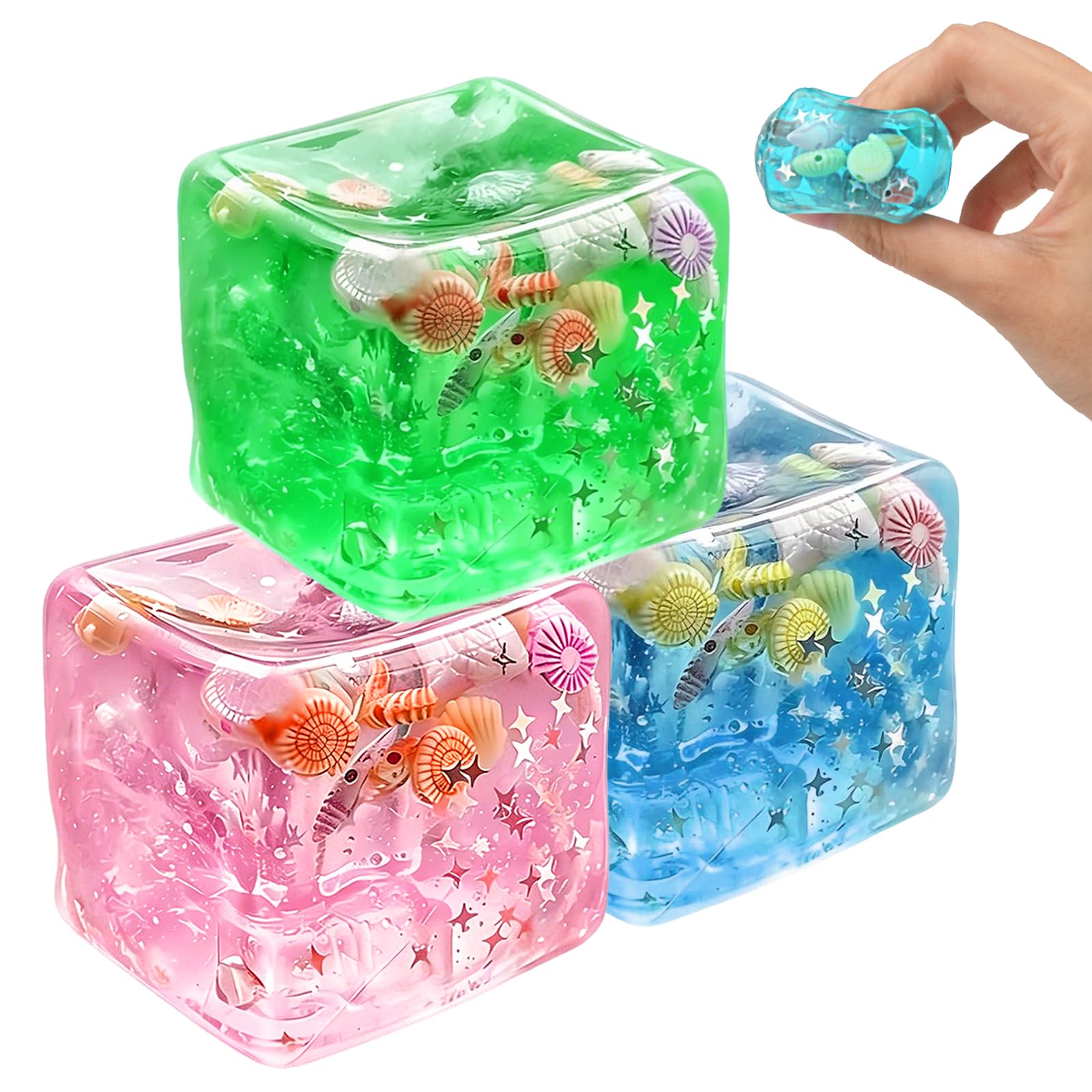 3 Pcs Squishy Cube, Ocean Shells Nice Ice Cube Squishy Fidget Toys, Slow Rise Squishies Stress Balls for Adults & Teens, Soft Squeeze Sensory Toys for Stress and Anxiety Relief