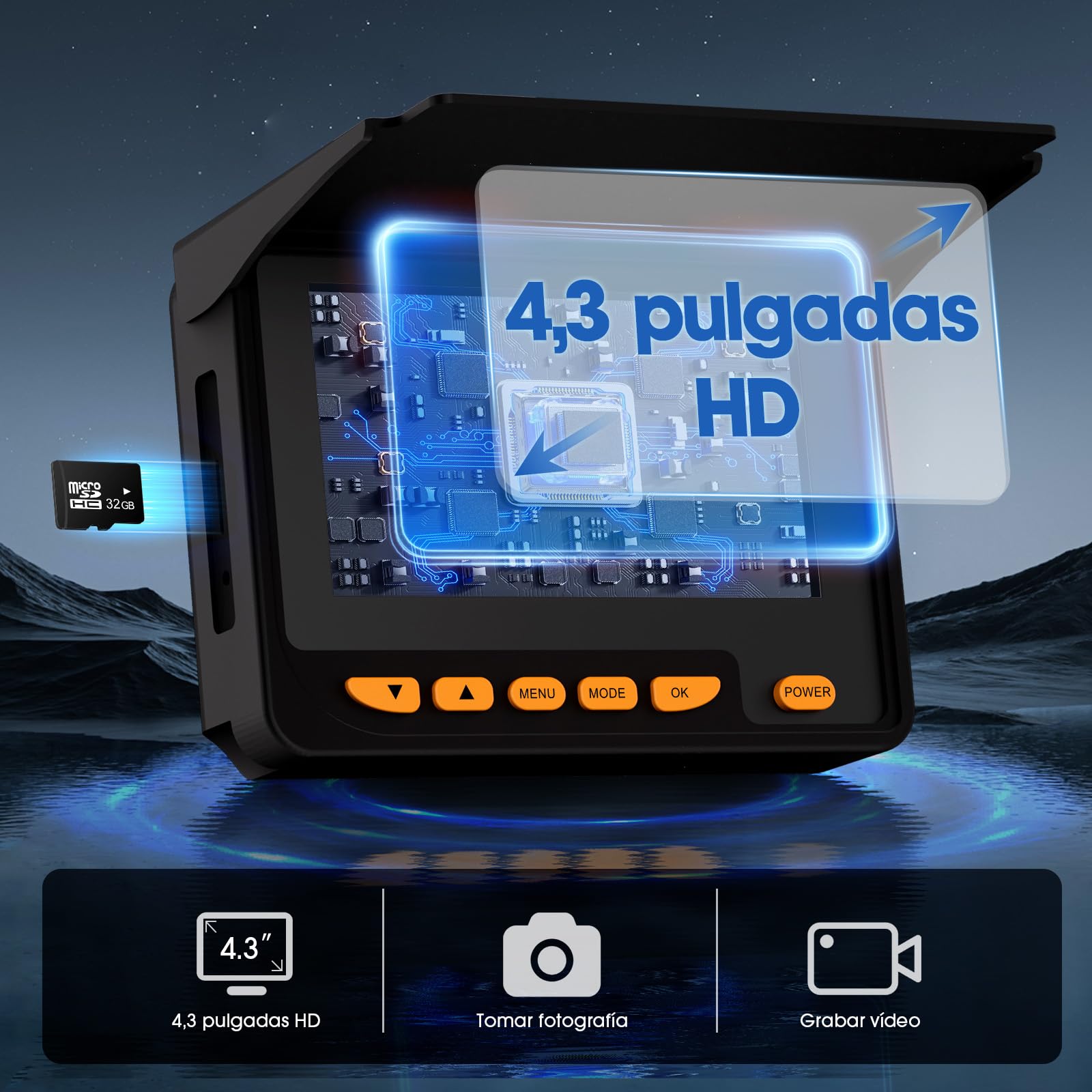 Cámara de Inspección de Tuberías 1080P HD, Pantalla 4.3 Pulgadas, Sonda 23mm IP68 Impermeable, Cable 50m, Tarjeta 32GB, Endoscopio Industrial para Desagüe, HVAC, Motores y Paredes