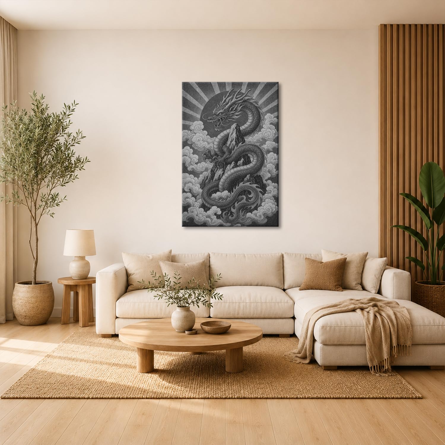 Obraz na płótnie Chiński smok wokół szczytu góry 60 x 40 cm czarno-biały