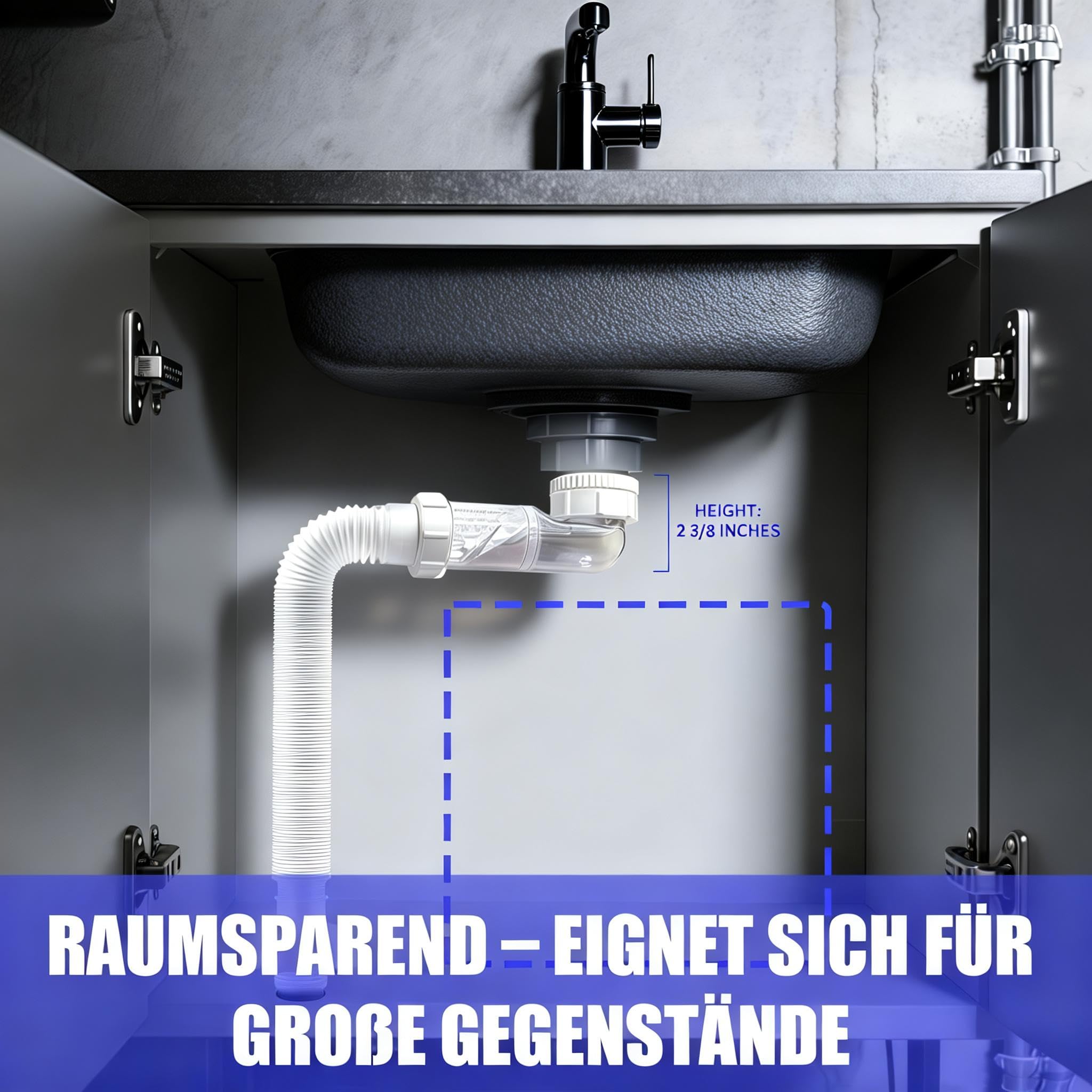 Siphon de 1 1/4", Set de 2, Économiseur d'espace, Siphon Lavabo Extra Plat Réglable, Tuyau de Vidange Flexible, Anti-Odeurs, Siphon Evier Cuisine et Salle de Bain, Blanc