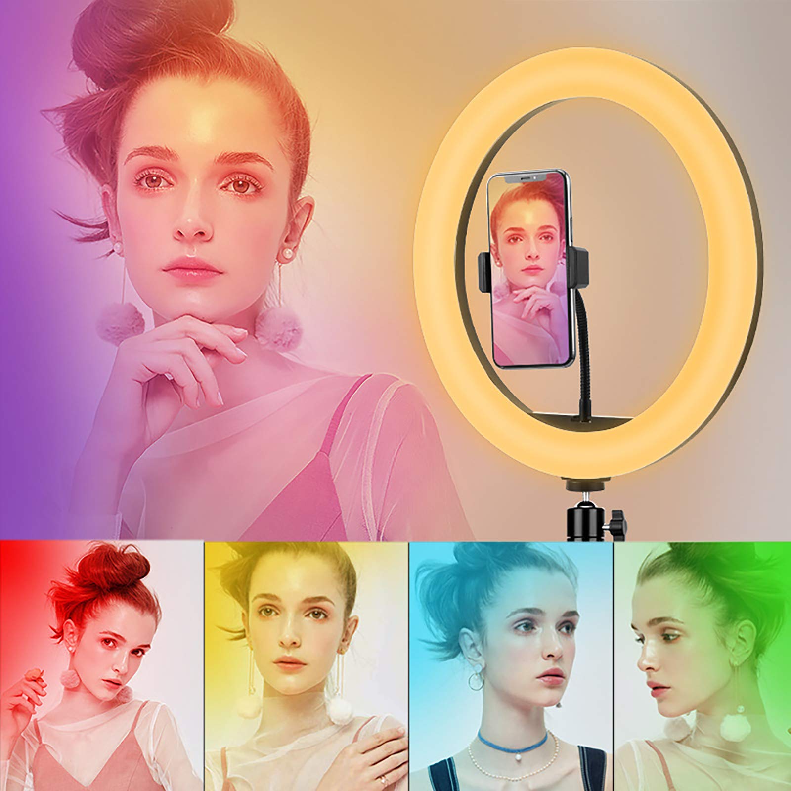 Luce ad Anello da 10 Pollici, Luce ad Anello per Selfie da Tavolo dimmerabile a 18 Colori, Luce ad Anello per Fotocamera a LED con treppiede e Supporto per Telefono per Il Trucco