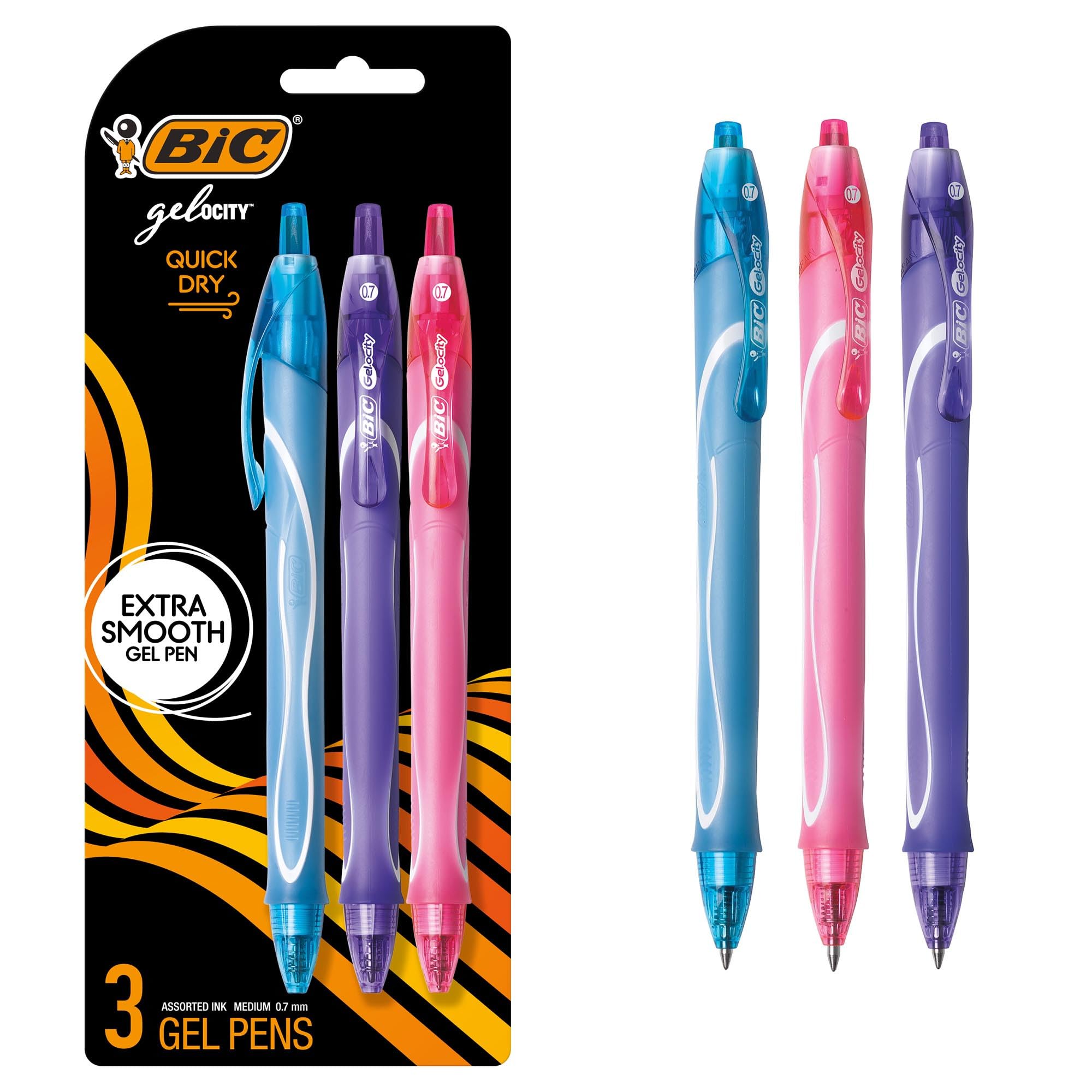 BIC Gelocity Quick Dry Assorted Colors Gel Pens, Medium Point (0.7mm), 3-Count Pack, Retractable Gel Pens With Comfortable Full Grip