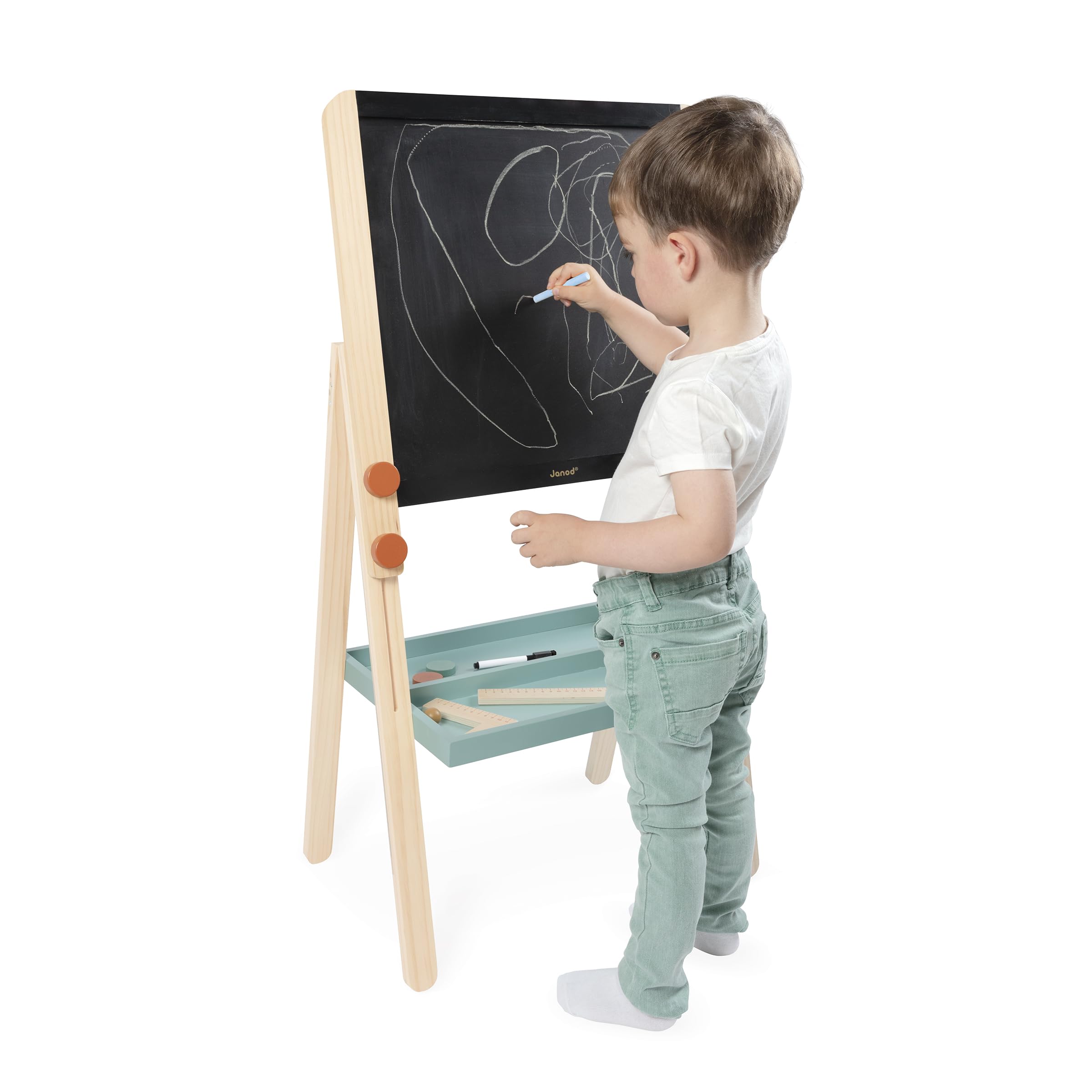 Janod - Pizarra Doble Cara de Madera Ajustable en Altura - Pizarra Blanca magnética + tizas - 18 Accesorios incluidos - A Partir de 3 años