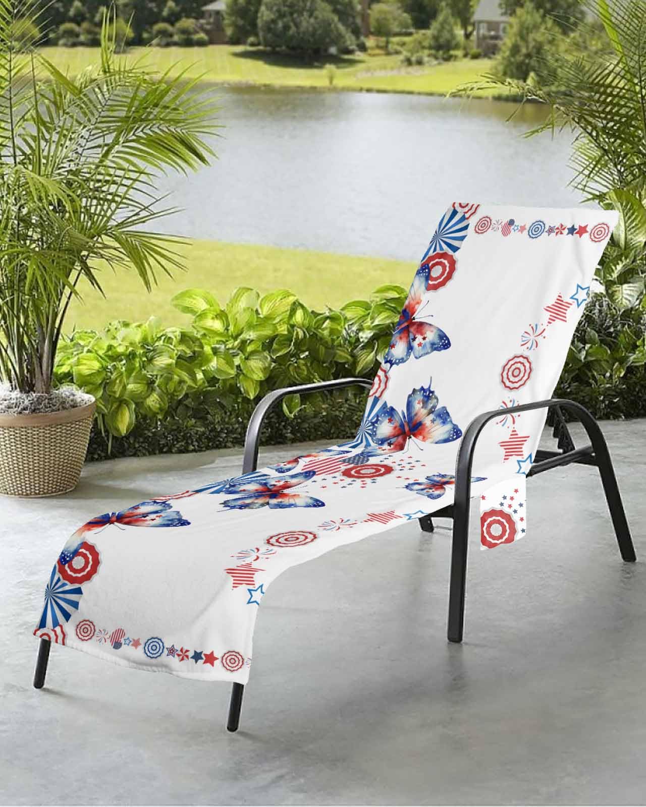 Independence Day Beach Chair Towel Covers for Chaise Lounge with Side Pocket, Soft Plush Pool Towels Cover for Patio Sunbathing Outdoor 29''x85'' Stripes Stars Flag 4th of July Watercolor
