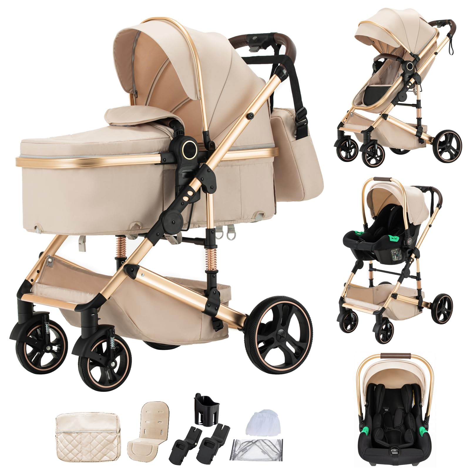 Cochecito 3 en 1 Shineey con manillar regulable en altura, sistema de viaje 3 en 1, silla de paseo ligera y plegable, cochecito con estructura de aluminio para un transporte portátil (BEIGE, H9)