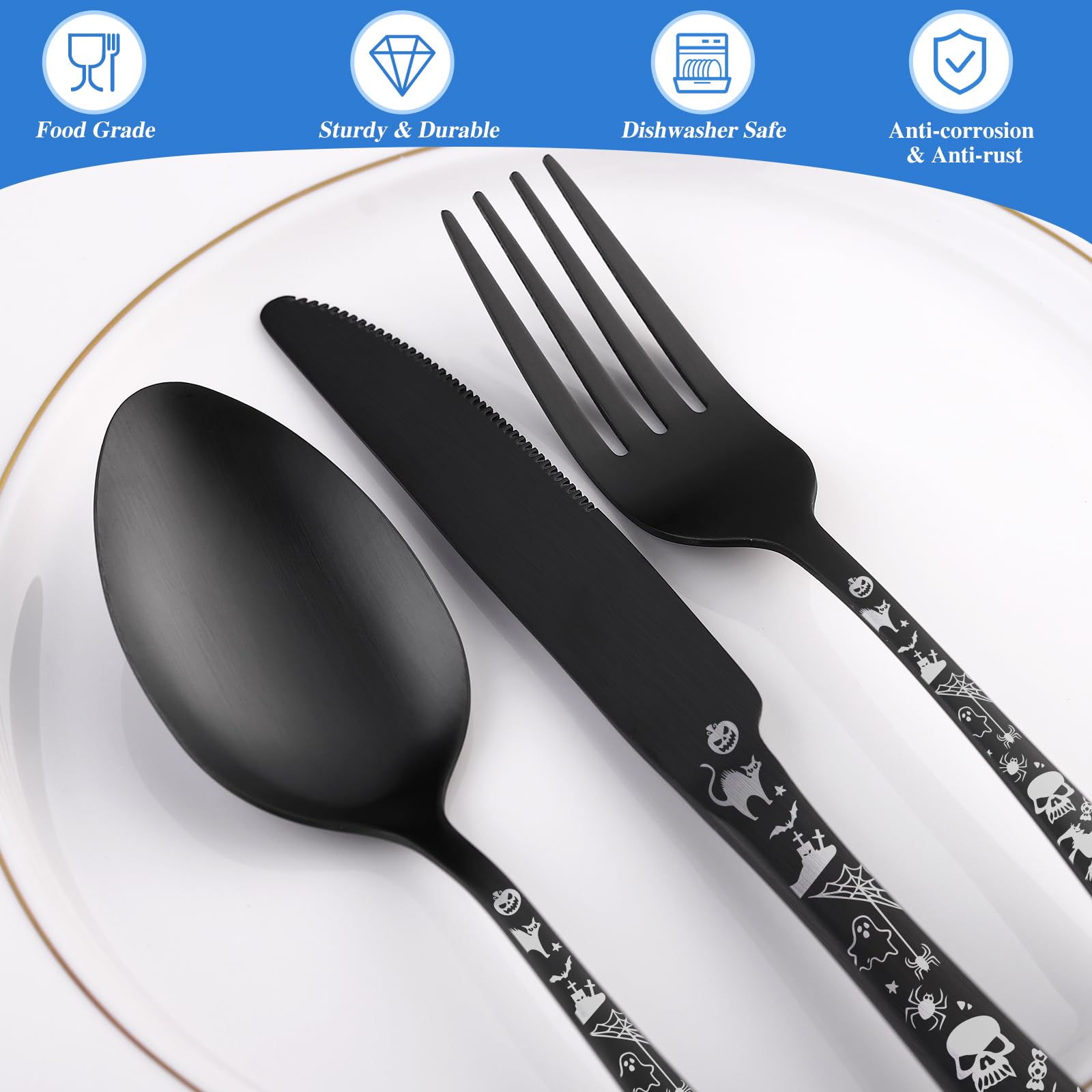 40-teiliges Halloween-Besteck-Set für 8 Personen, schwarzes Besteck-Set für 8 Personen, einzigartiges Halloween-Muster, 18/0 Edelstahl, satiniertes Finish, spülmaschinenfest