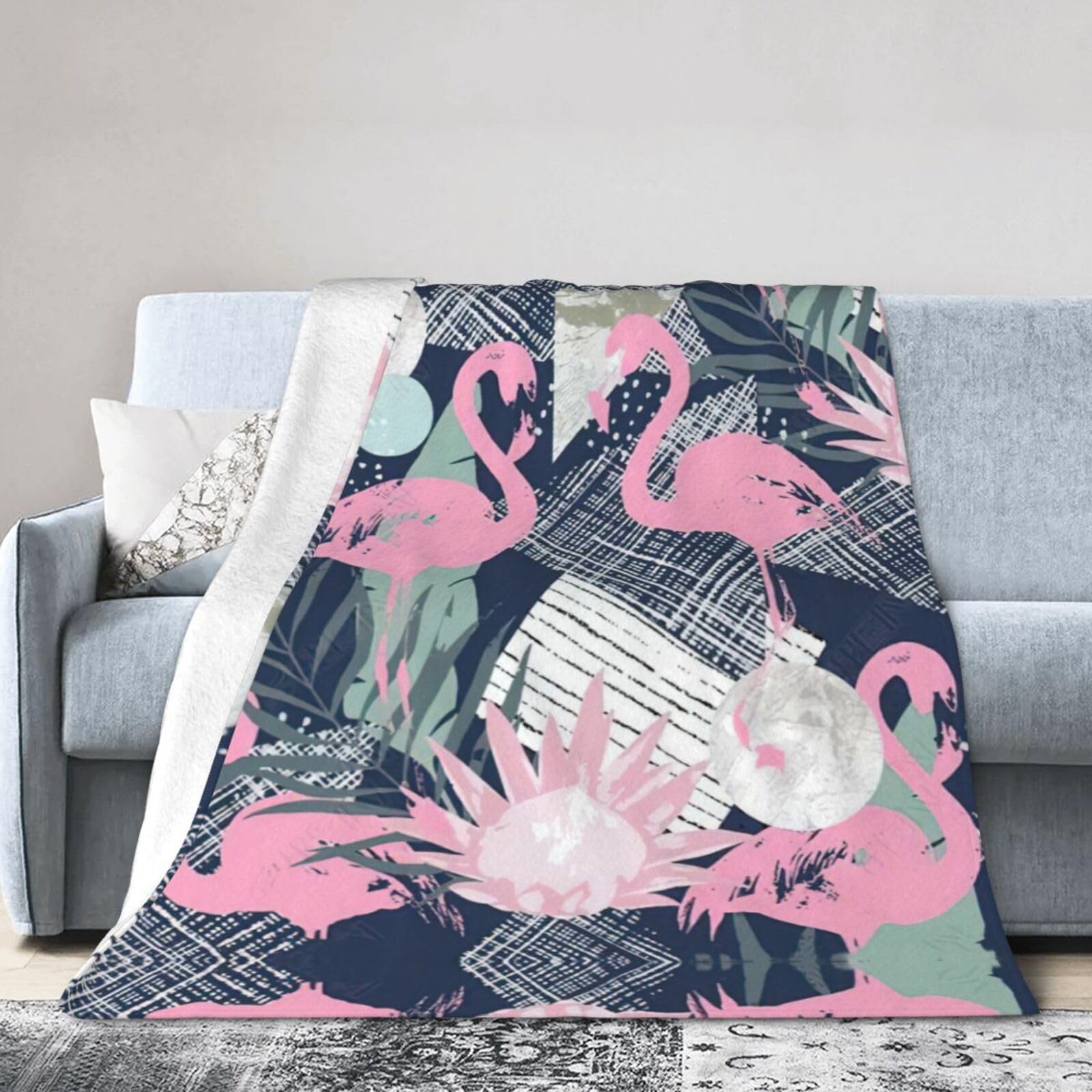 Uusnwaa Soft Cosy Fleece Warm Throw Pink Flamingo And Leaves Print Blanket