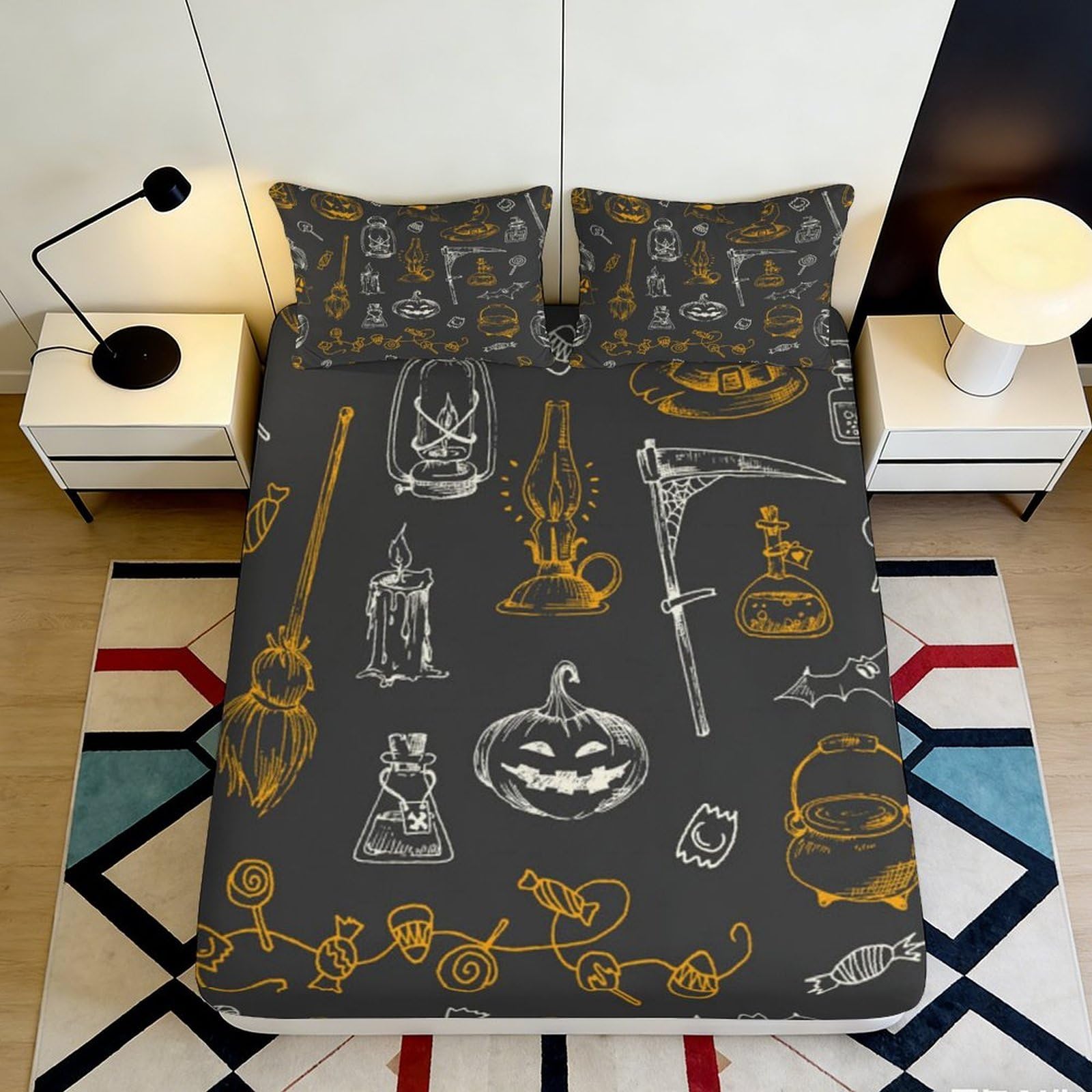 3D Printed Halloween Magic Fitted Sheet Microfiber Soft Witch Potion Bed Cover for Bedroom Dorm Decor Protection 90x200x25cm