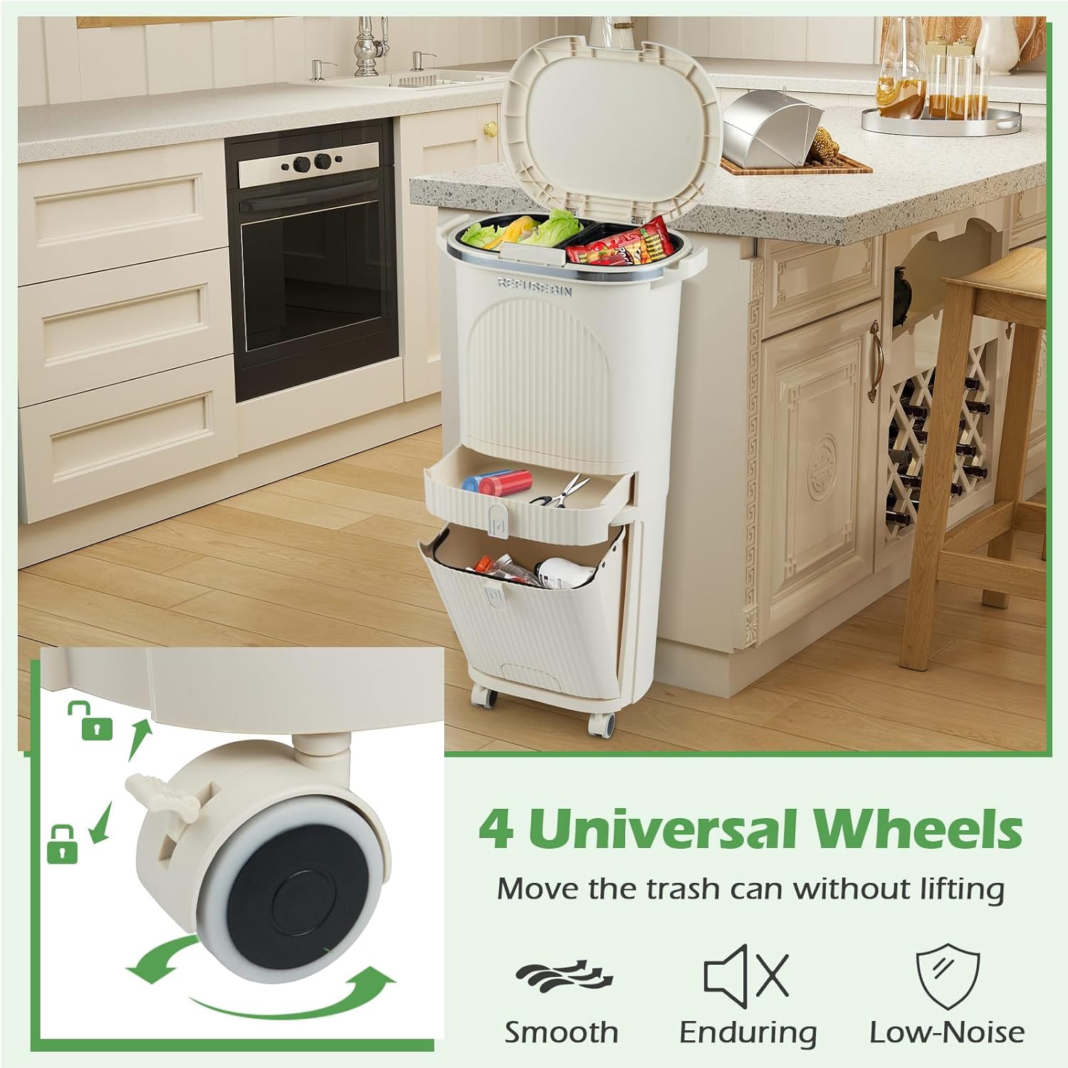 Goplus 11 Gallon Kitchen Trash Can with Lid, 3-Layer Sorting Trash Bin with 2 Removable Buckets, Drawer, Step Pedal & Wheels, Vertical Garbage Bin, Waste Container for Living Room Kitchen Bathroom