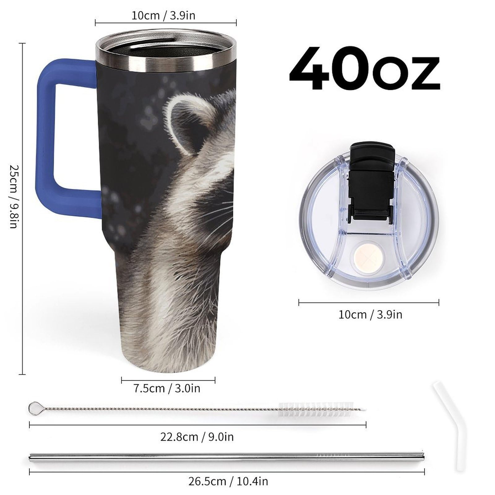 Autobecher aus 304 Edelstahl, Waschbär-Becher mit Strohhalm und auslaufsicherem Deckel, großes Fassungsvermögen, vakuumisolierter Reisebecher für Auto-Becherhalter, 1,2 l