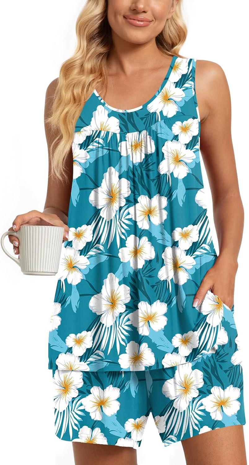 TAOHUADAO 2 Piece Women's Sleeveless Pajama Sets, Lounge Sleepwear Ladies Pjs Sets with Pockets