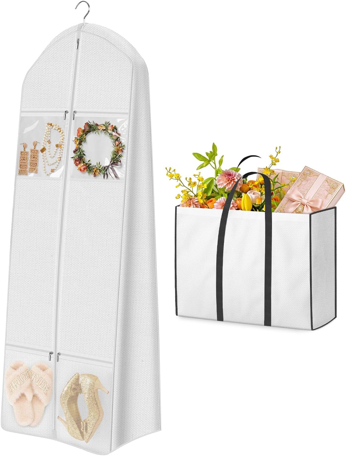 MISSLO Portable 70" Wedding Dress Garment Bag with Bride Tote Bag 8'' Gusseted Dress Bags for Gowns Long 4 Pockets Dress Cover for Women, White