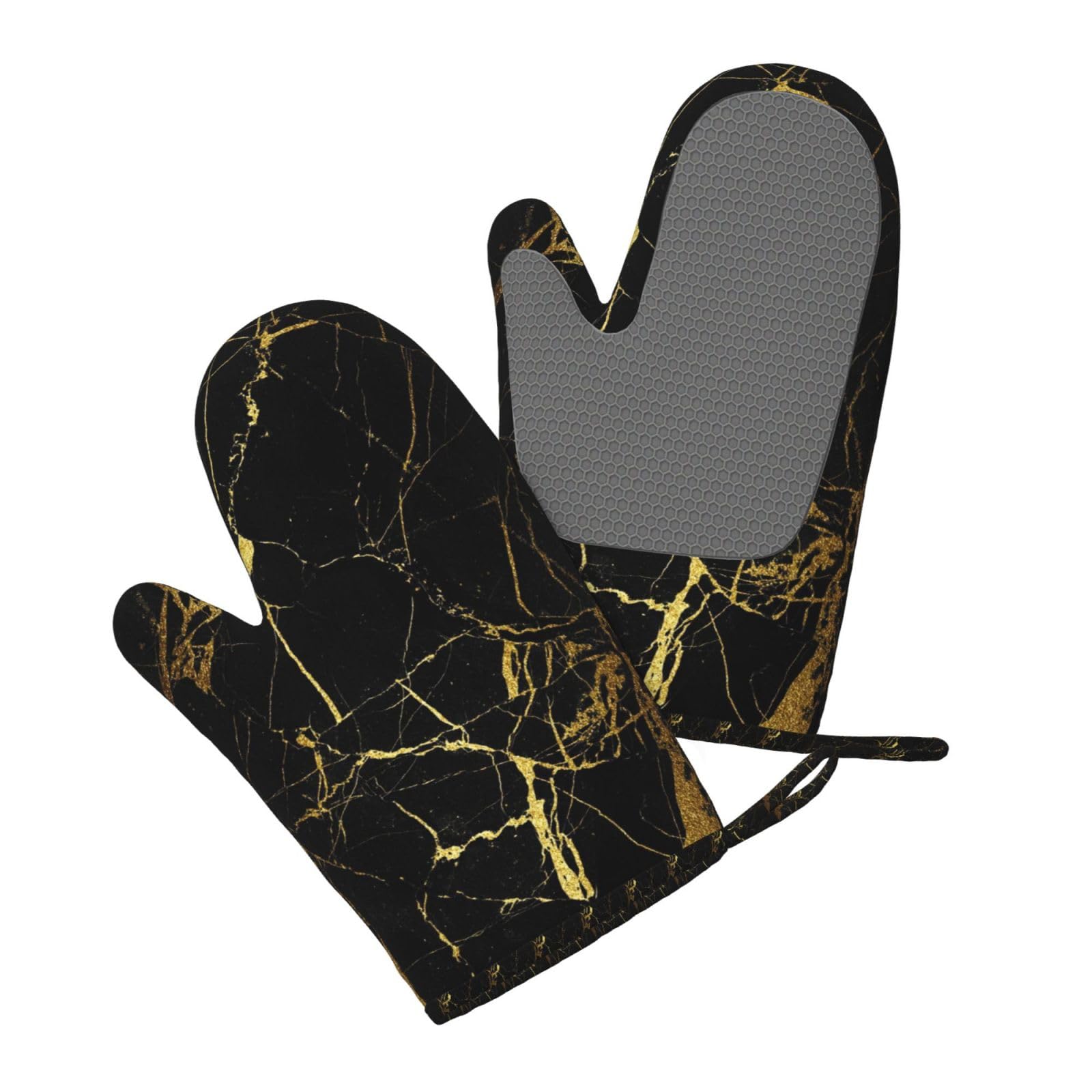 Juego de Cuatro Piezas de Guantes y Manoplas Resistentes al Calor para Hornear, Guantes de Cocina Antideslizantes, Manoplas para Horno, Estampado de mármol Negro y Dorado.