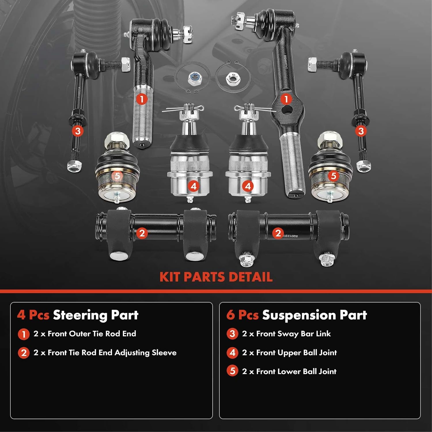 A-Premium Set of 10, Front Sway Bar Link, Upper & Lower Ball Joint, Outer Tie Rod End, Compatible with Dodge Ram 1500 1994-1995, Ram 2500 1994-1995, 4WD Only