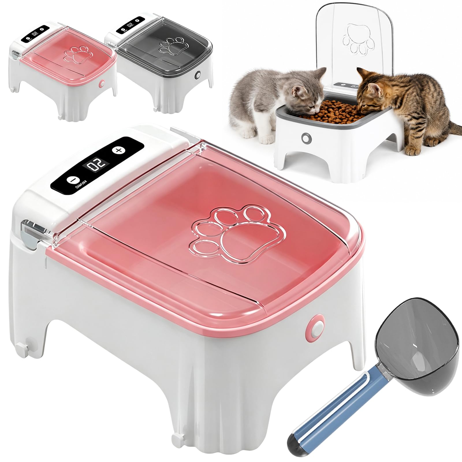 Automatic Cat Feeder Wet Food Electric Dry Food Bowl with Lids (Pink,Battery)