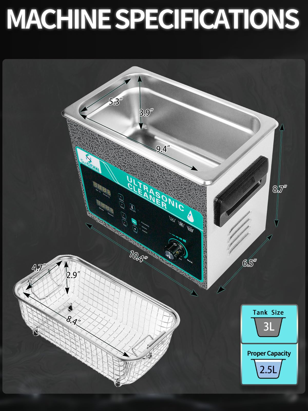 Limpiador ultrasónico de 3 litros con potencia ajustable y barrido, limpiador ultrasónico de 120 W, temporizador digital y calefacción, limpiador de piezas muy fuerte para