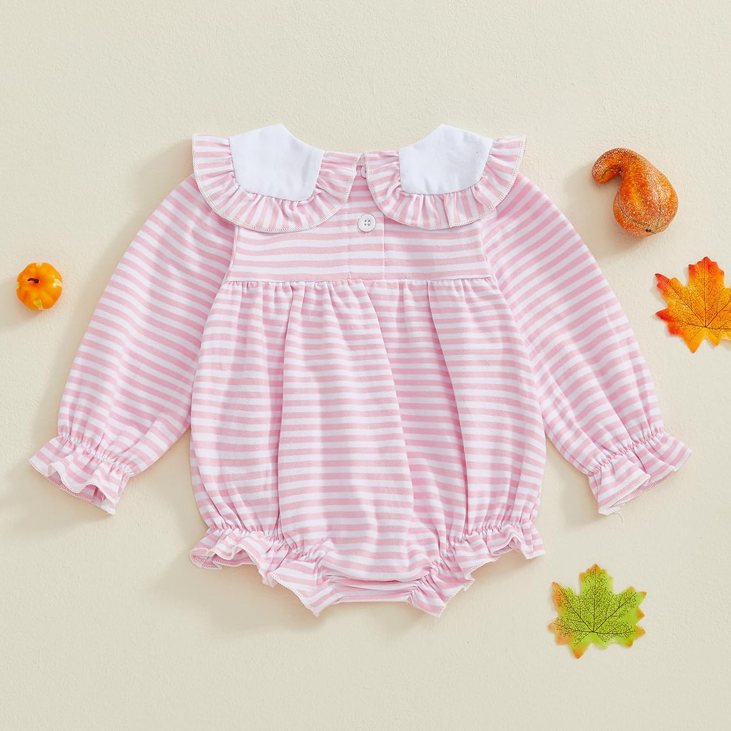 Baby Girl Halloween Thanksgiving Outfit Pumpkin Embroidery Striped Ruffle Long Sleeve Bubble Romper Fall Clothes - Image 4