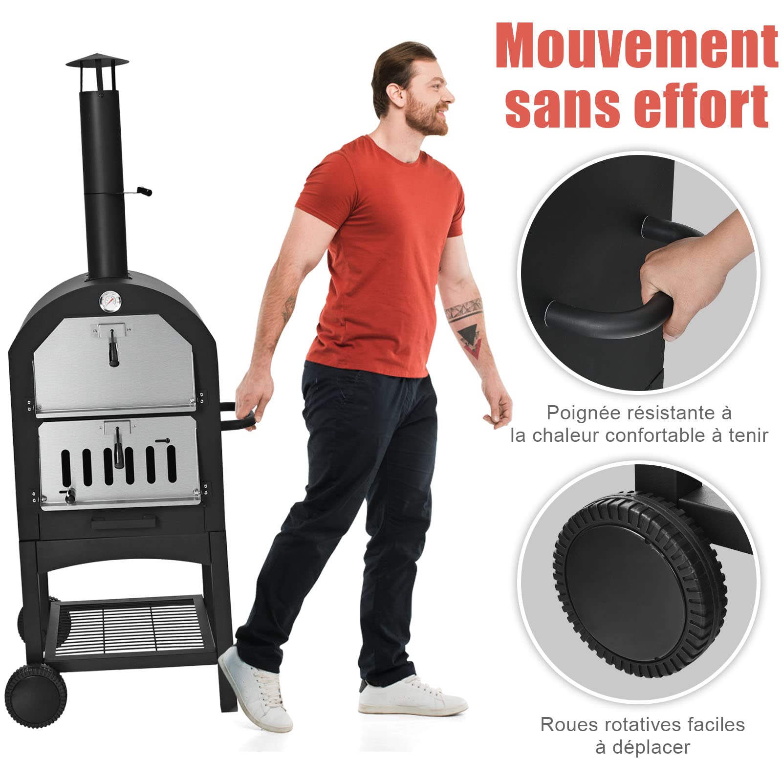 COSTWAY Four à Pizza Extérieur au Charbon, Mobile avec Pelle, Pierre, Housse, Gants, Brosse, 5 Support, Couteau Cheminée et Thermomètre Double, Noir