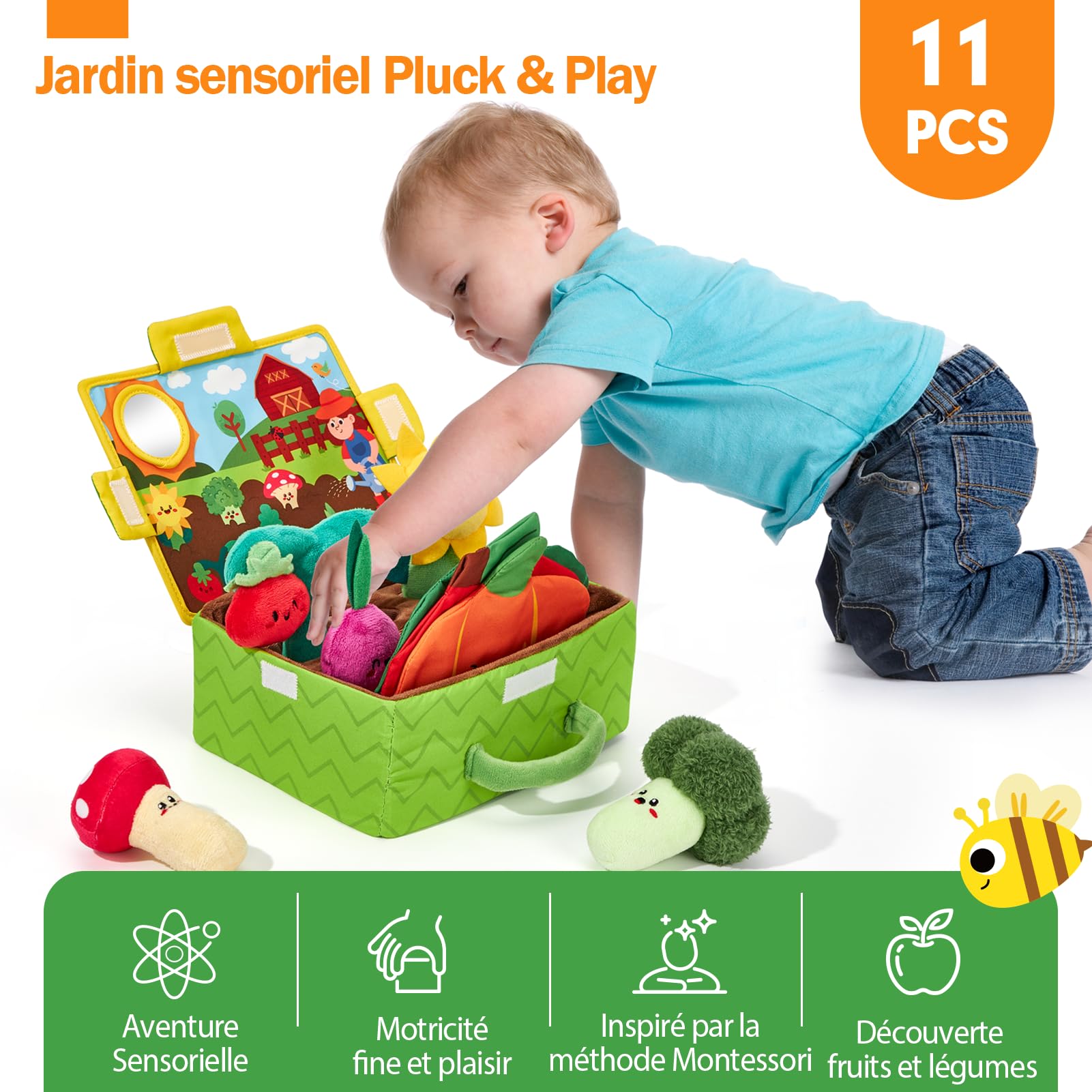 hahaland Jouet Bebe 6-12 Mois - Peluche Fruits légumes Plante | Jeux Potager Bebe 6 Mois avec Carotte, Fleur, Hochets, Miroir et Tissus Froissés - Cadeau Enfant 1 an