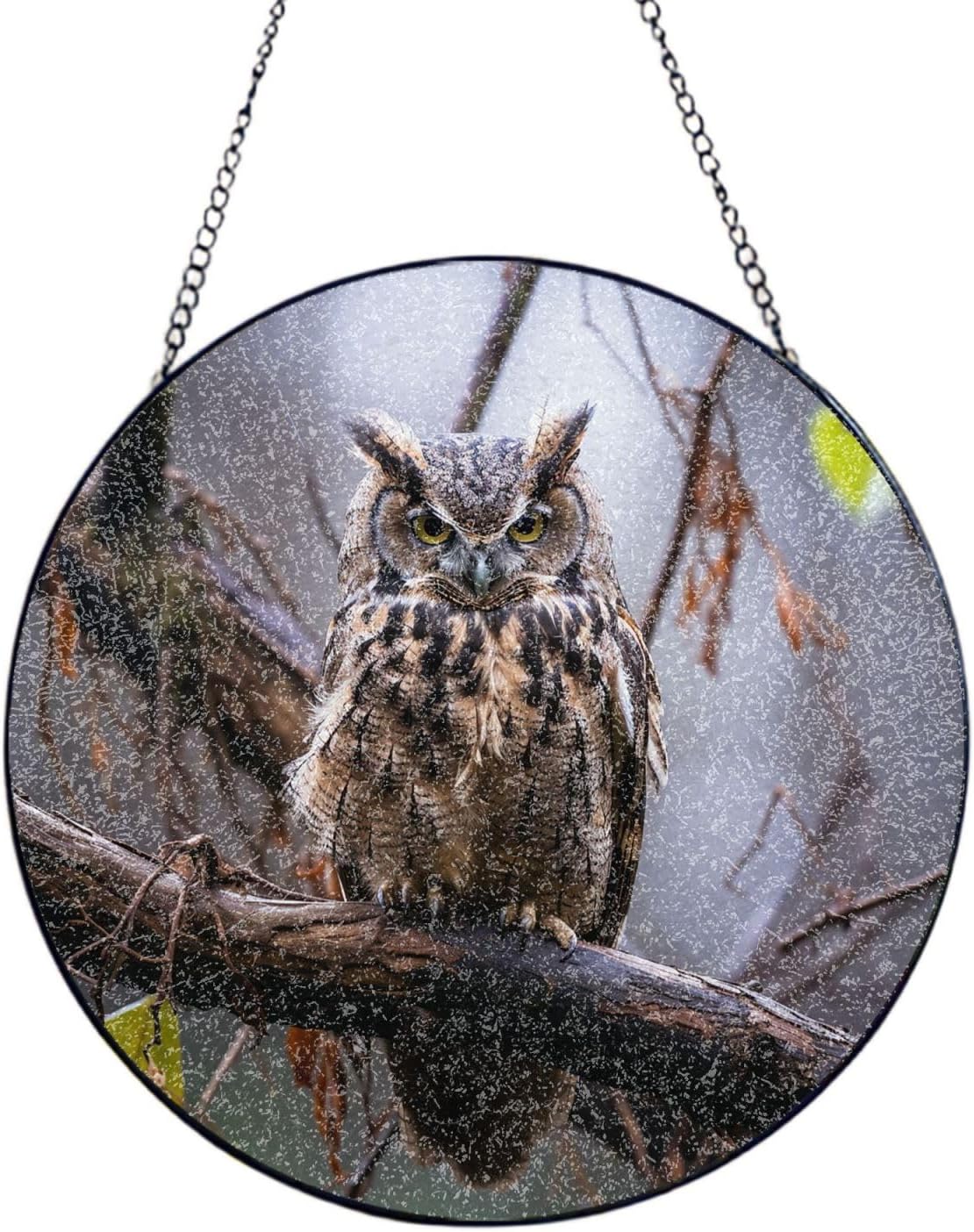 Stained Glass Window Hanging 6in（15cm）, Owl on a Branch Glass Suncatcher for Home Decor, Indoor Wall Art Glass Panel with Metal Chain and Hooks, Sun Catcher Ornament Birthday Gifts