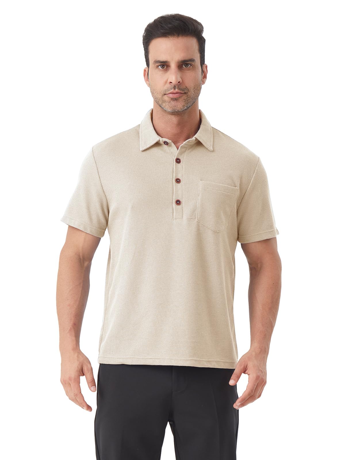 Polo Gaufre Coton Piqué T-Shirt Golf Tennis Polo à Manches Courtes avec Poche D'été