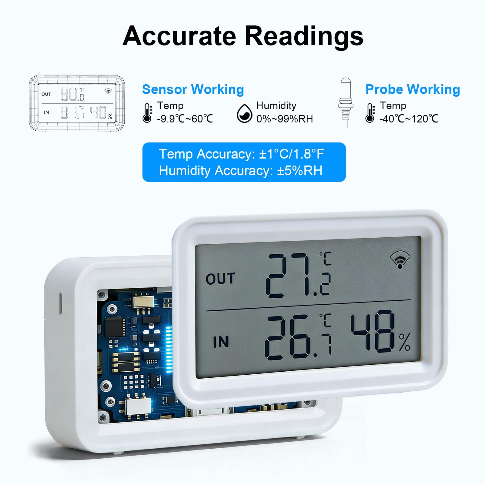 Termometro Igrometro WiFi con Sonda, Sensore Temperatura e Umidità Smart con Allarme App, Display LED, Monitor Digitale per Frigorifero, Acquario, Terrario, Senza Hub