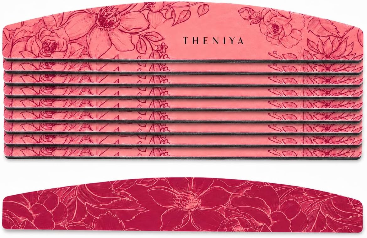 Nail File 100 180 Grit Half Moon Artist Design, Single Dual Sided Emery for Natural Nails, Acrylic, Gel, Dip and Travel Nail Kit Essentials (10, Paris Rose)