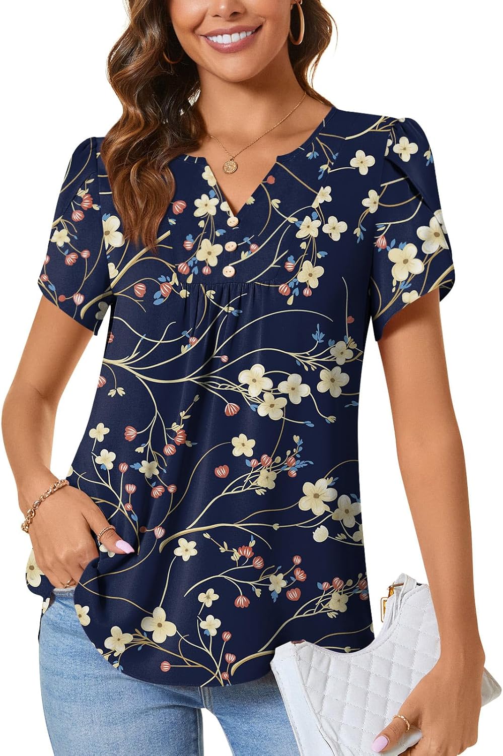 CATHY Women’s Petal Short Sleeve Tunic Tops Dressy Summer Blouses V Neck Button Cute Shirts