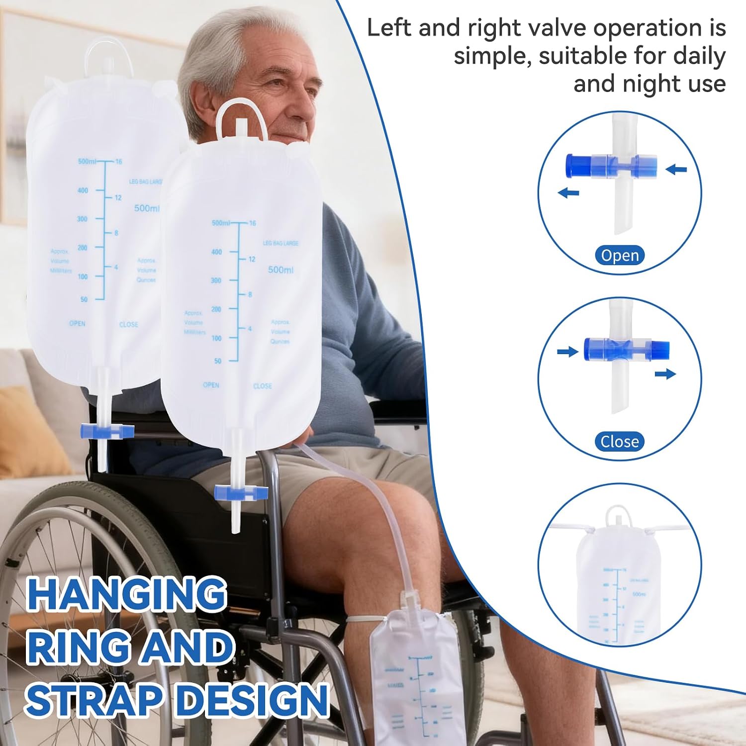 Urine Collection Bag, Reusable Portable Silicone Urinal with 2 Urine Catheter Bags, External Catheter for Men, Portable & Comfortable Wearable Urinary Drainage (M)