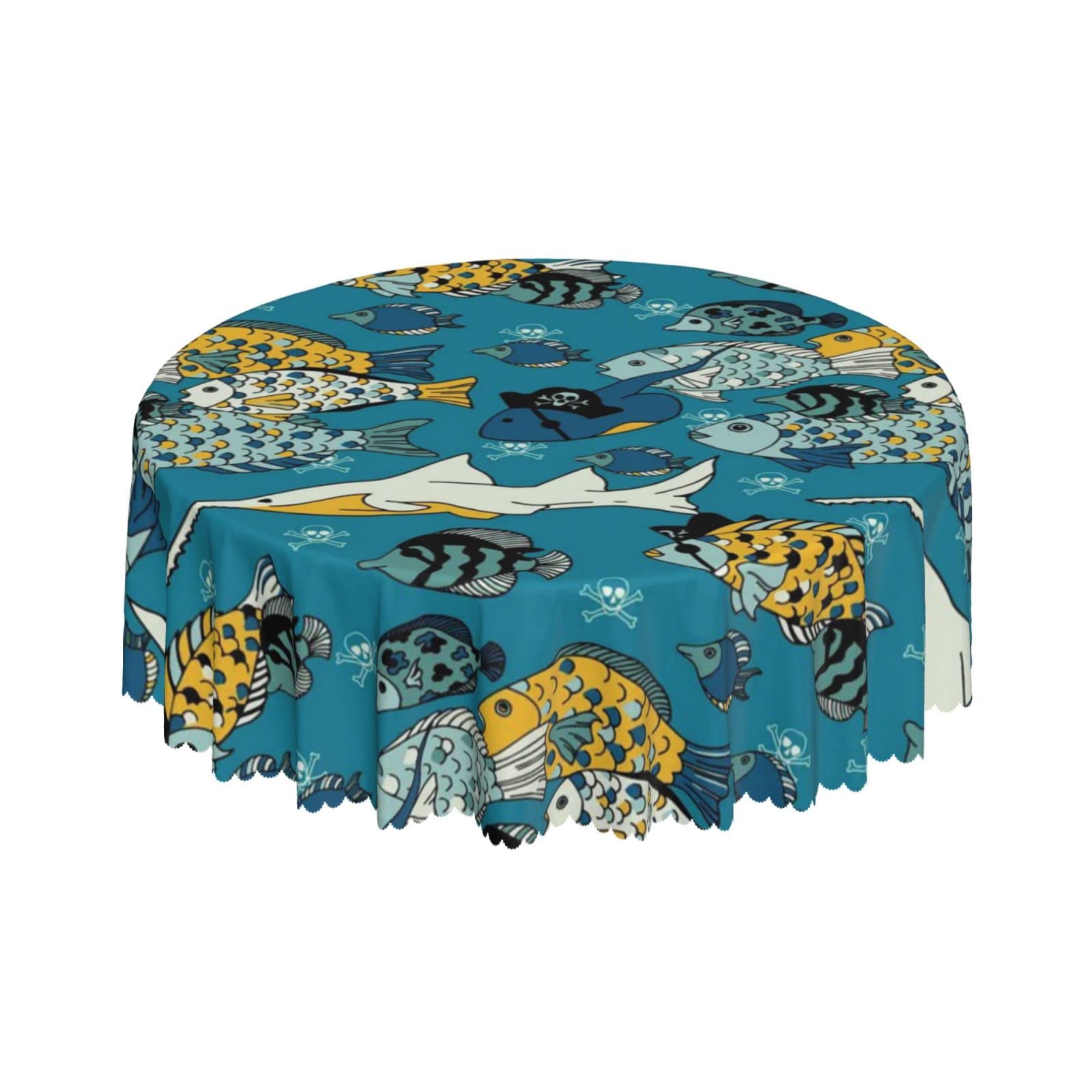 Lsjuee Ocean Animal Fish Sea Pirate Blue Round Tablecloth 60 Inch Printed Washable Tablecloth for Dining Party Holiday Fall Home Decorative