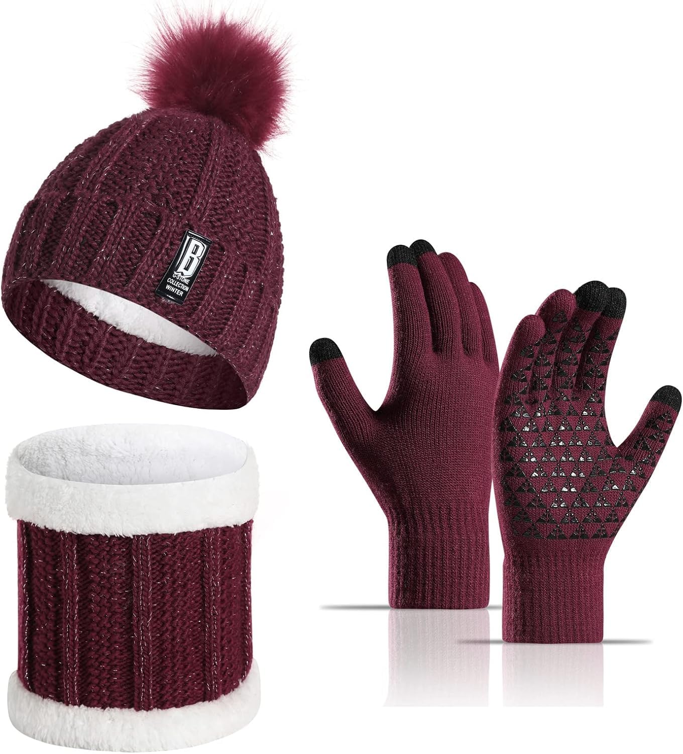 Tomorrow Pom Beanie Hat Scarf Gloves Set 3 in 1 Warm Thick Lining Slouchy Beanie Hats Scarf Touch Screen Gloves for Womens Girls