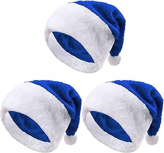 Aneco 3 Pack Christmas Santa Hats Blue Hat Short Plush with White Cuffs Plush Fabric Santa Hat for Christmas Festive Holiday Party Supplies