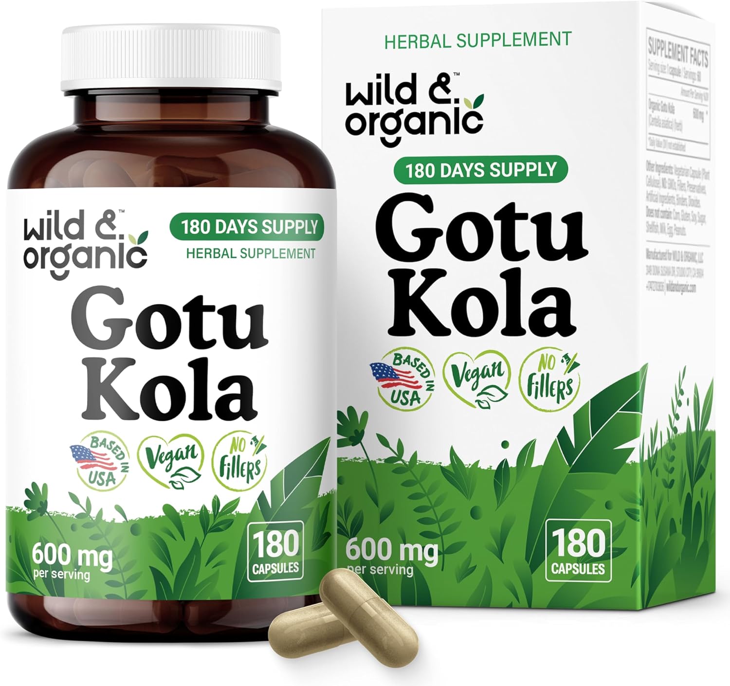 Wild & Organic Gotu Kola Capsules 600 mg - Brain & Focus Support - Gotu Kola Supplement - Centella Asiatica Powder - 180 Days of Supply - Vegan, No Fillers, Non-GMO - 180 Count