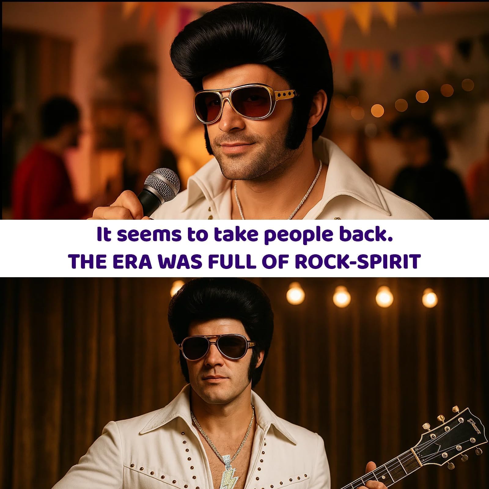 3 Pcs Set 50S Rock Legend Wig Accessories, Including Sunglasses Necklace, Men's Rock Singer Costume, 50 60 70S Style Disco Party, Halloween Cosplay - Image 4