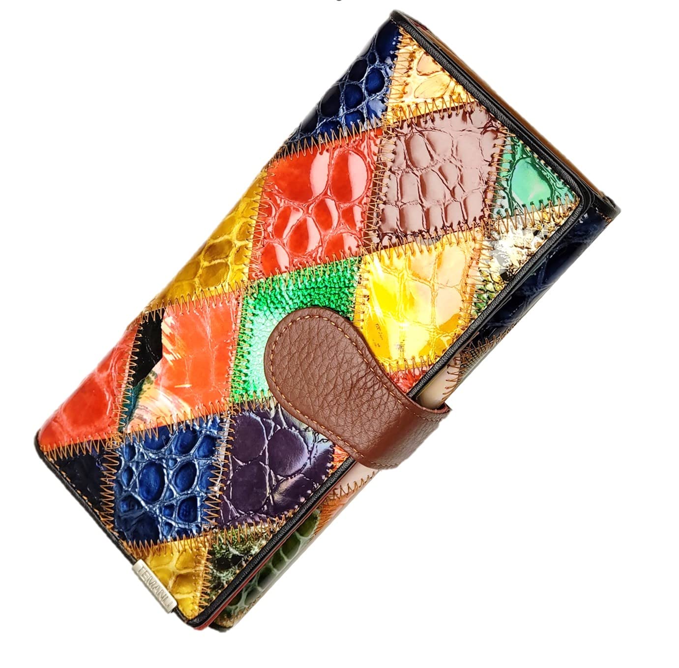 Aurexa Women's Genuine Leather Wallet Patent Leather Retro Vintage Patchwork Embossed Flower Floral Wristlet Clutch Bag (Long, Long, Trifold Patent