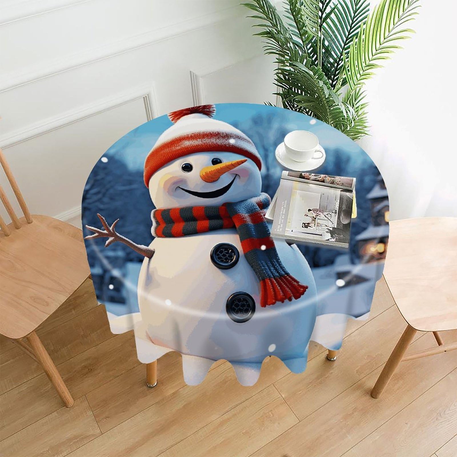FekiLoot Happy Snowman Round Tablecloth Cover 60 Inch Wrinkle Free Washable Polyester Fabric Table Cover Decorative Round Table Cloth for Home Dining Kitchen Party Farmhouse