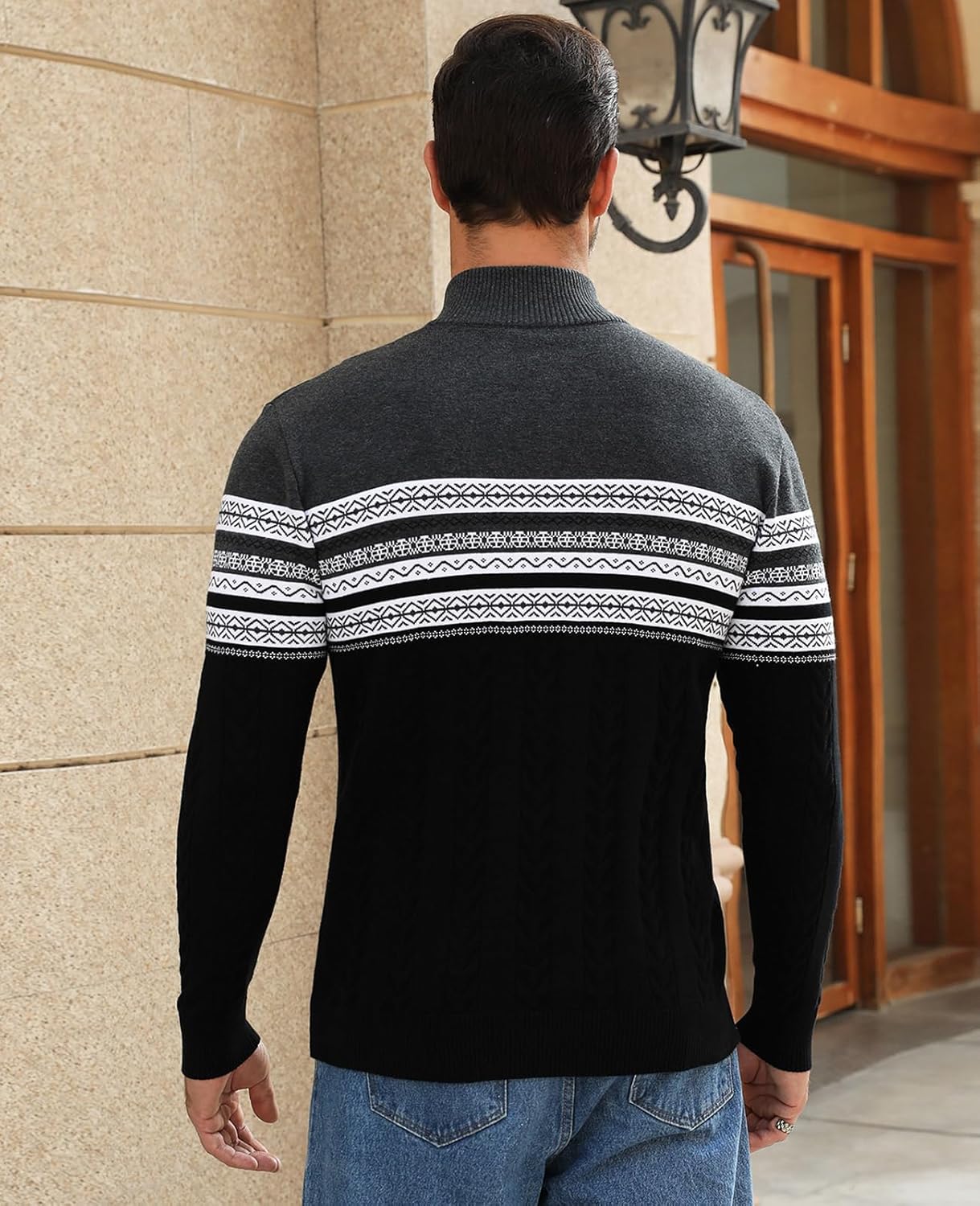 Men's Quarter-Zip Up Pullover Sweater Striped Slim Fit Sweater Casual Lightweight Warm Long Sleeve Mock Neck Sweater - Image 2