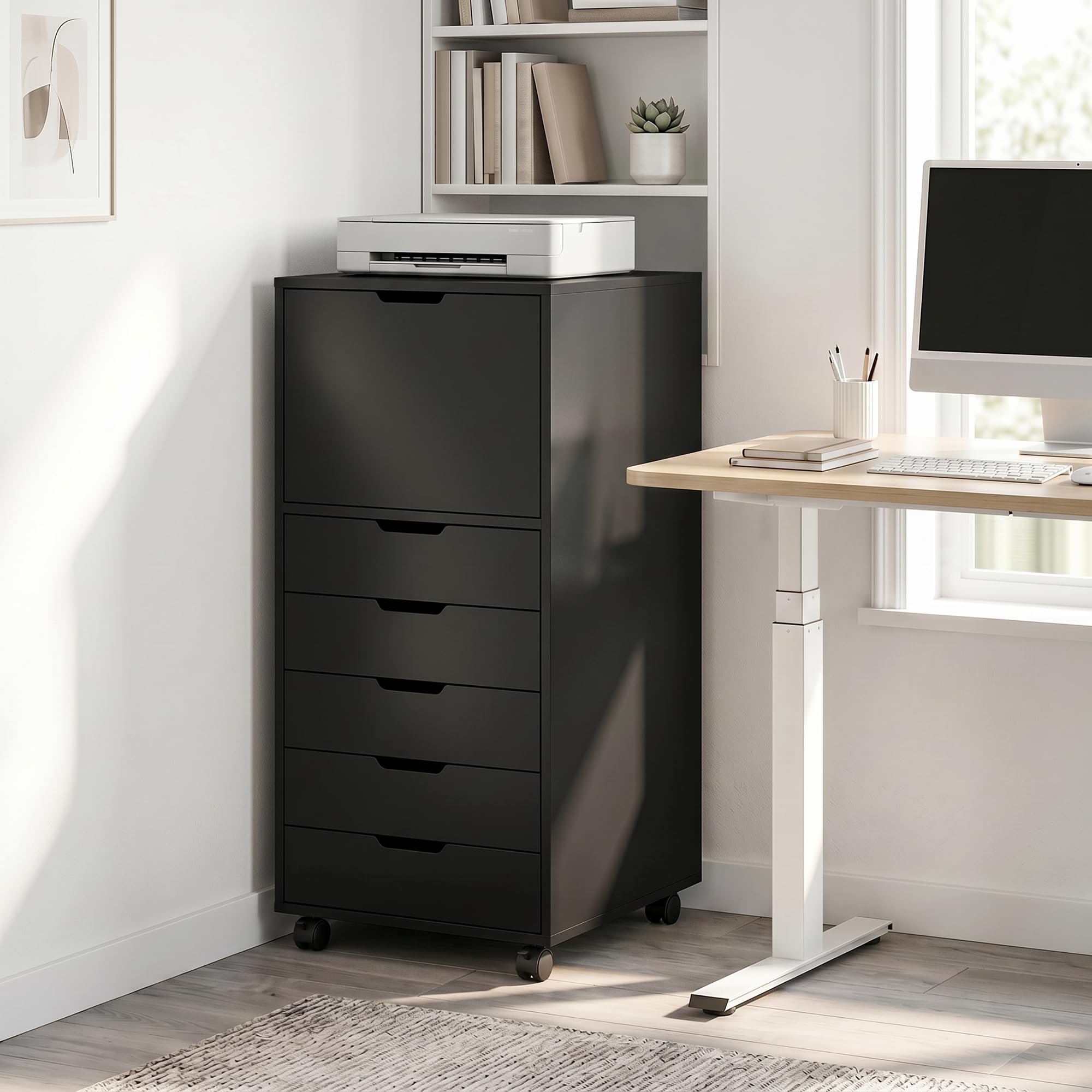 HOMCOM Schedario da Ufficio con 5 Cassetti Soft-Close 48x40x100 cm Nero | Armadio, Ruote a Freno, Cassettiera Scrivania per Documenti, Cassettiera Ufficio per Studio Sotto Scrivania