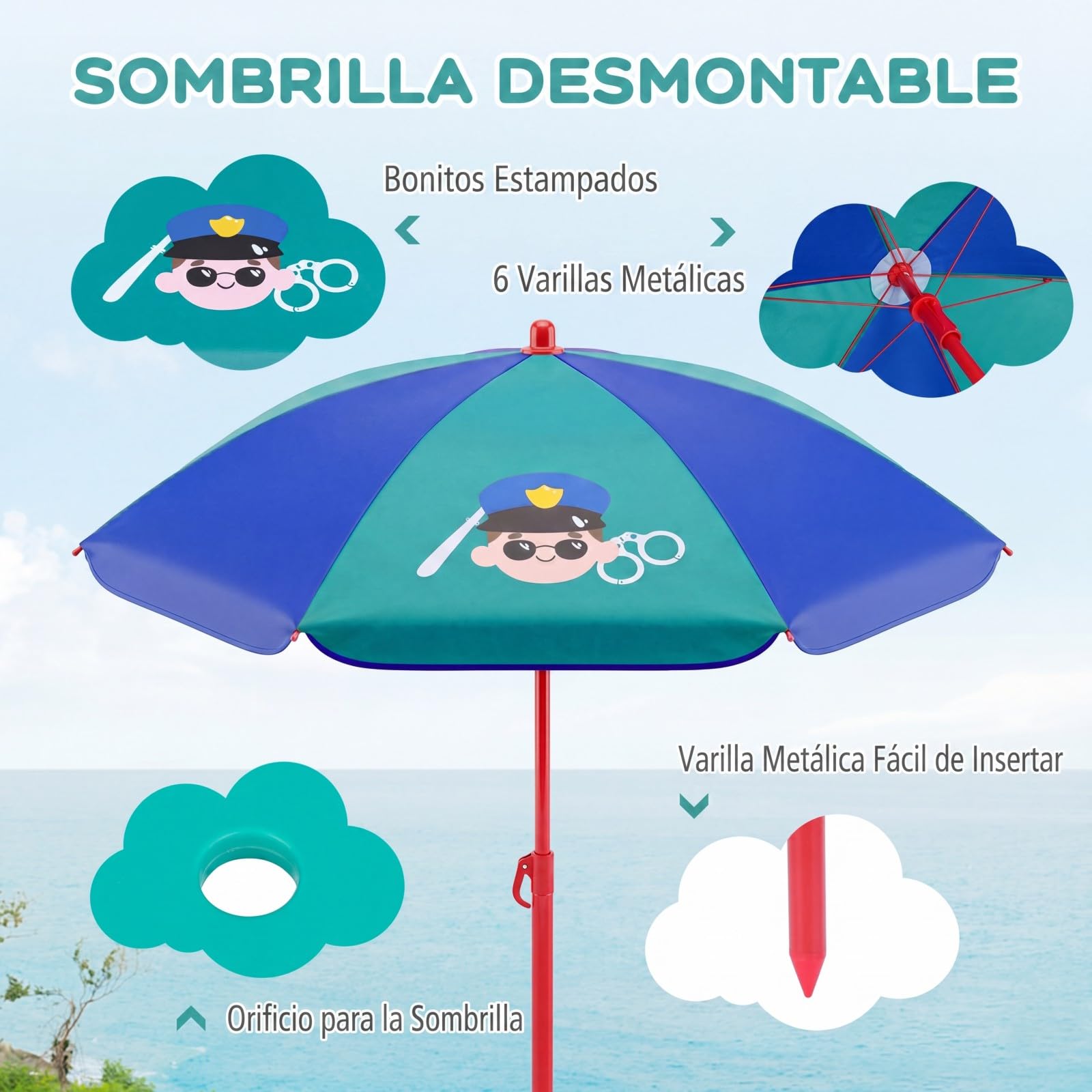 GOPLUS Juego de Mesa Picnic y Silla Playa para Niños, Mesa de Actividad Plegable Infantil con 2 Sillas Plegables y Sombrilla de Altura Ajustable, Mueble de Patio Portátil (Azul)