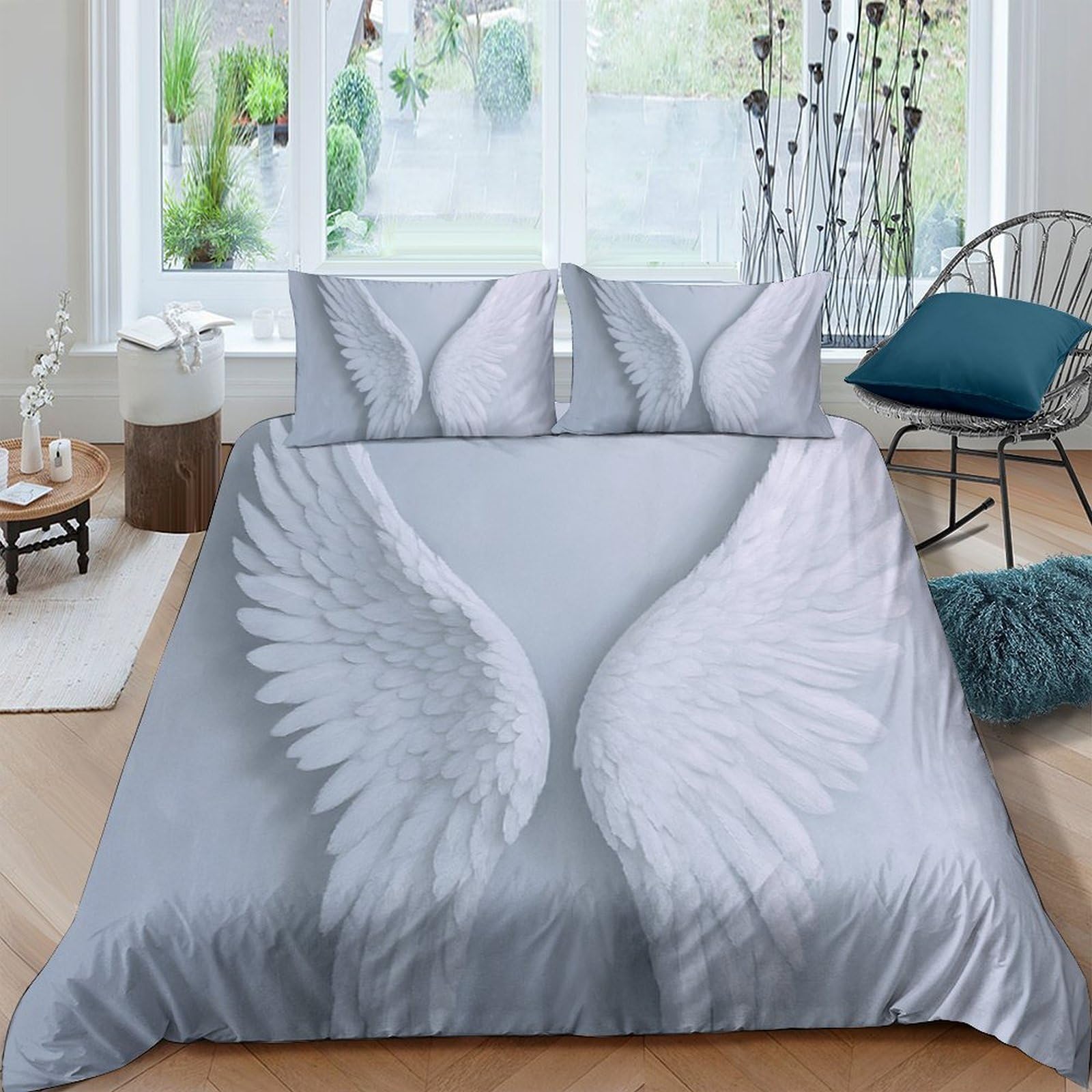 Ctjqhvkz Style-4 3D Printed Angel Wings Fitted Sheet Microfiber Soft Grey Bedroom Decor Feather Bed Cover For Mattress Protection Single（135X200cm）