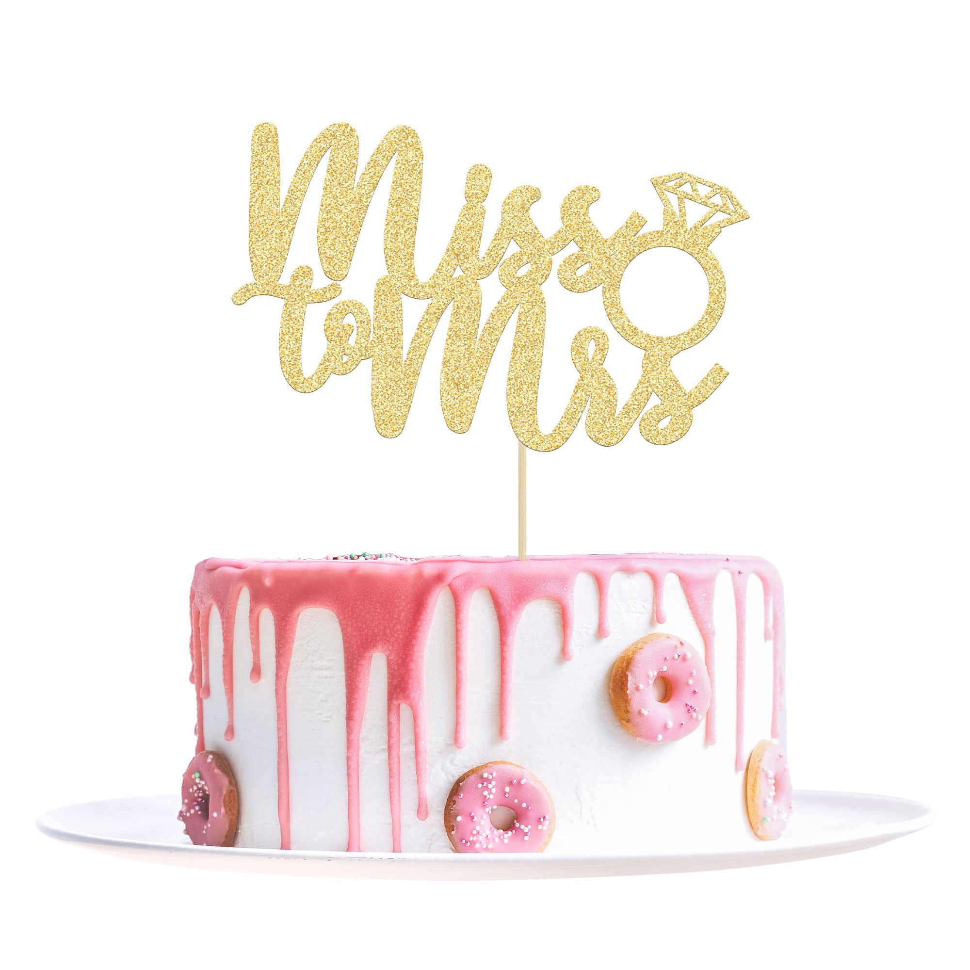 1Pc Miss to Mrs Cake Topper Gold Glitter Wedding Bridal Shower with Ring Cake Decorations for Bridal Shower Wedding Engagement Bachelorette Party Supplies