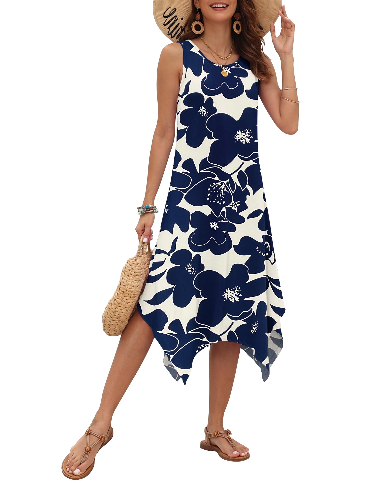 WNEEDU Womens Summer Dress Sleeveless Tank Dress Midi Beach Dresses Black Summer Dress