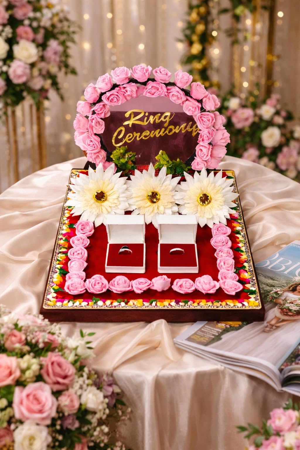 BESTMOON Elegant Ring Ceremony Tray with Artificial Flowers | Engagement Ring Platter with Dual Ring Boxes | Floral Wedding Ring Thali for Indian, Wedding Engagement Theme 2