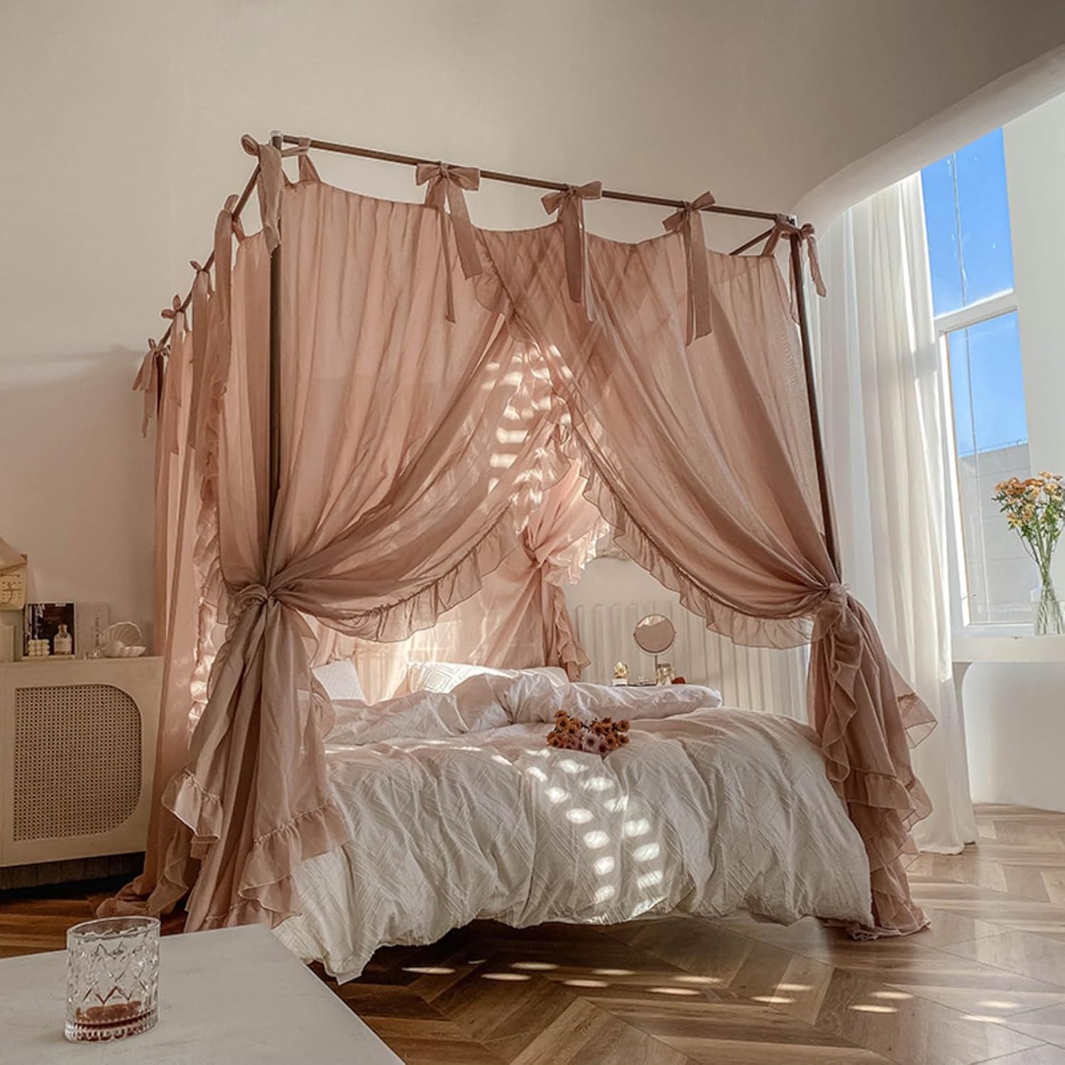 AETVRNI 6.6 Pounds Polyester&Linen Canopy Bed Curtains for King Size Bed Frame, 86.6''Lx78.7''Wx80.7''H, 3 Openings,Ruffled Edge Design King Size Canopy for Adults,Off White